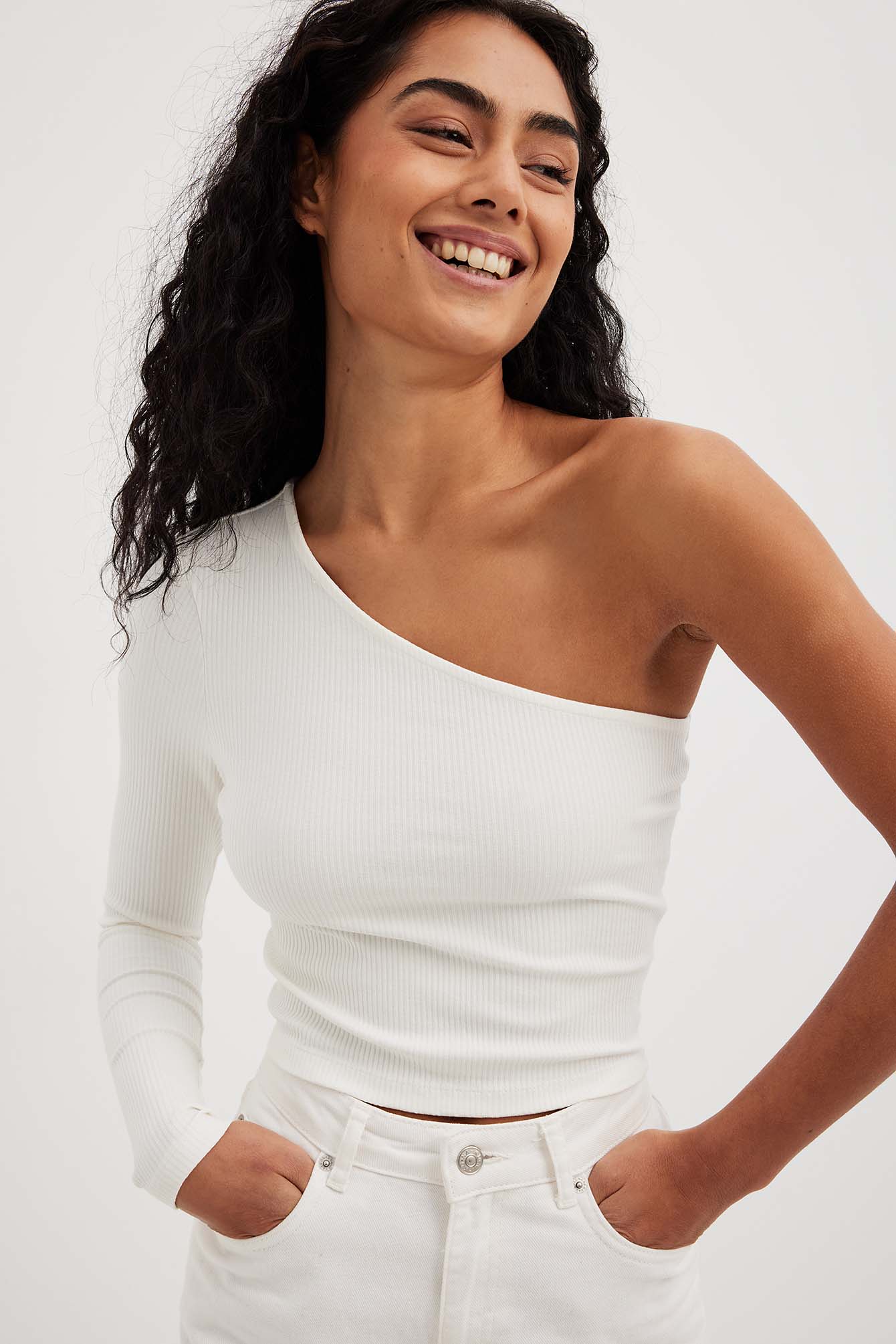 NA-KD Basic One Shoulder Rib Top - Basic Tops - Offwhite - XX-Large - NA-KD / NAKD