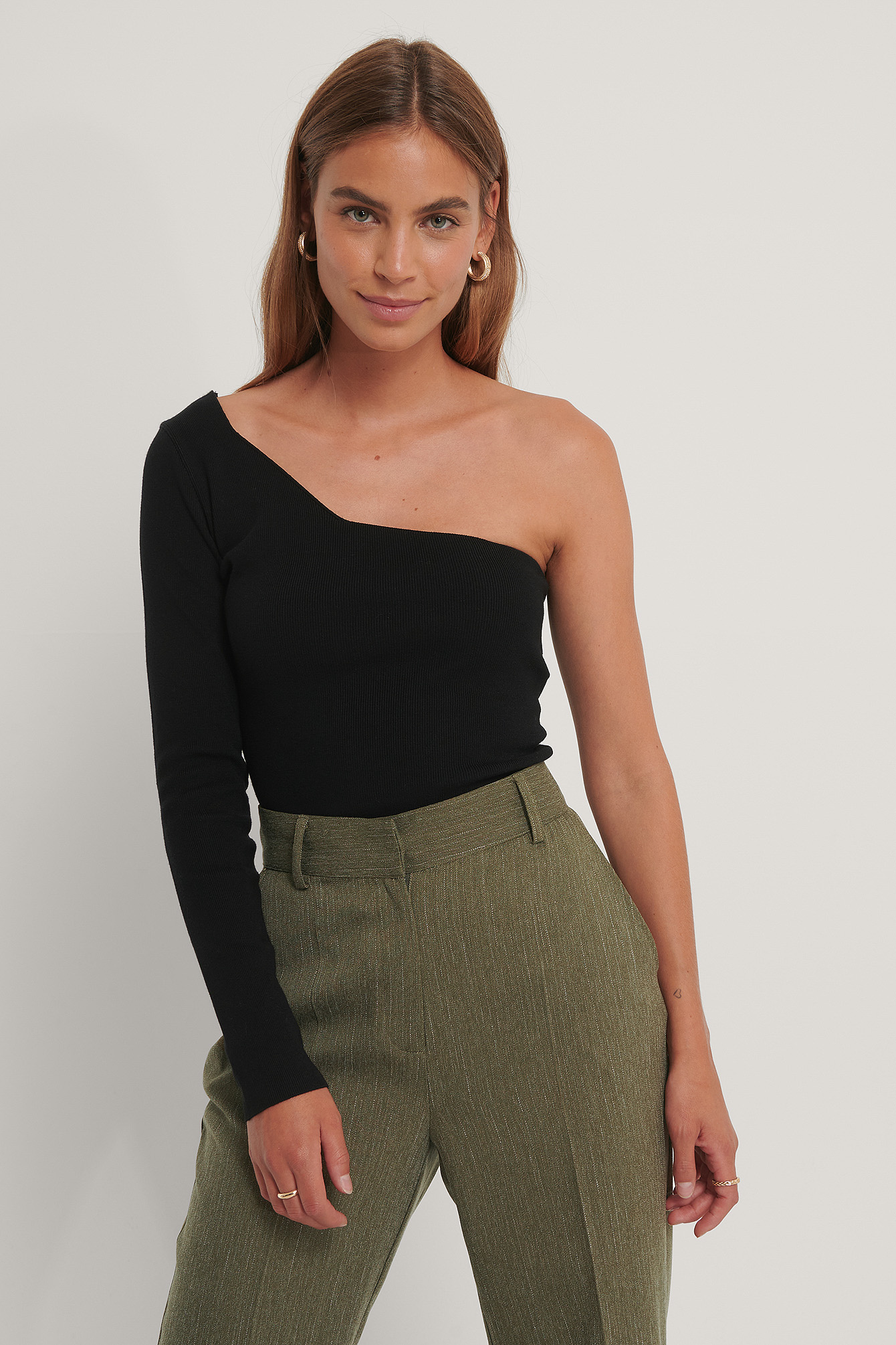 One Shoulder Ribbed Knitted Top Black 