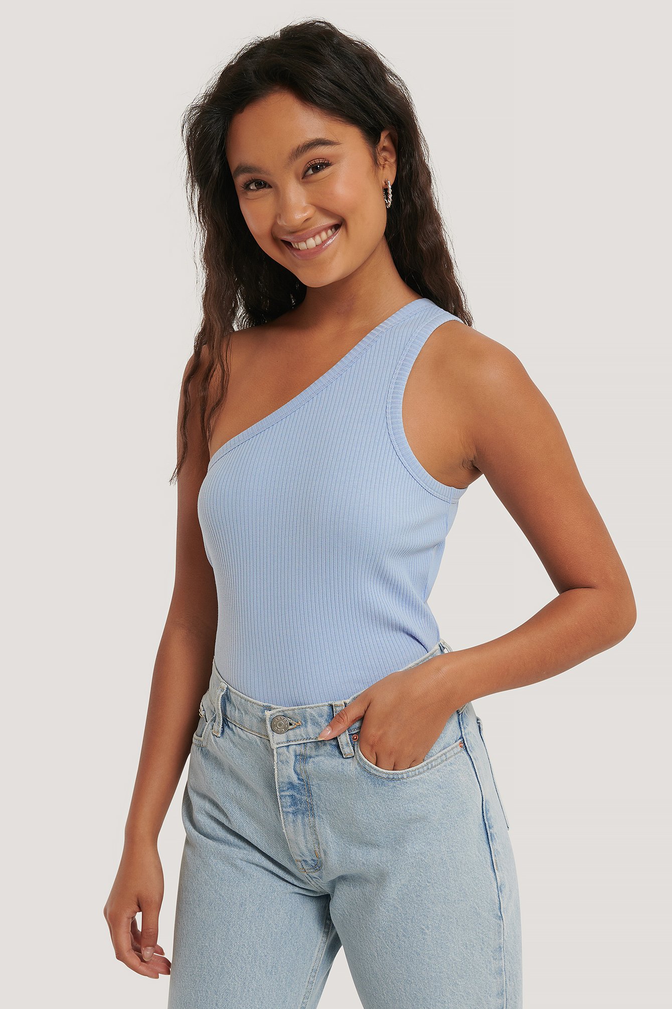 Dusty Blue One Shoulder Ribbed Top