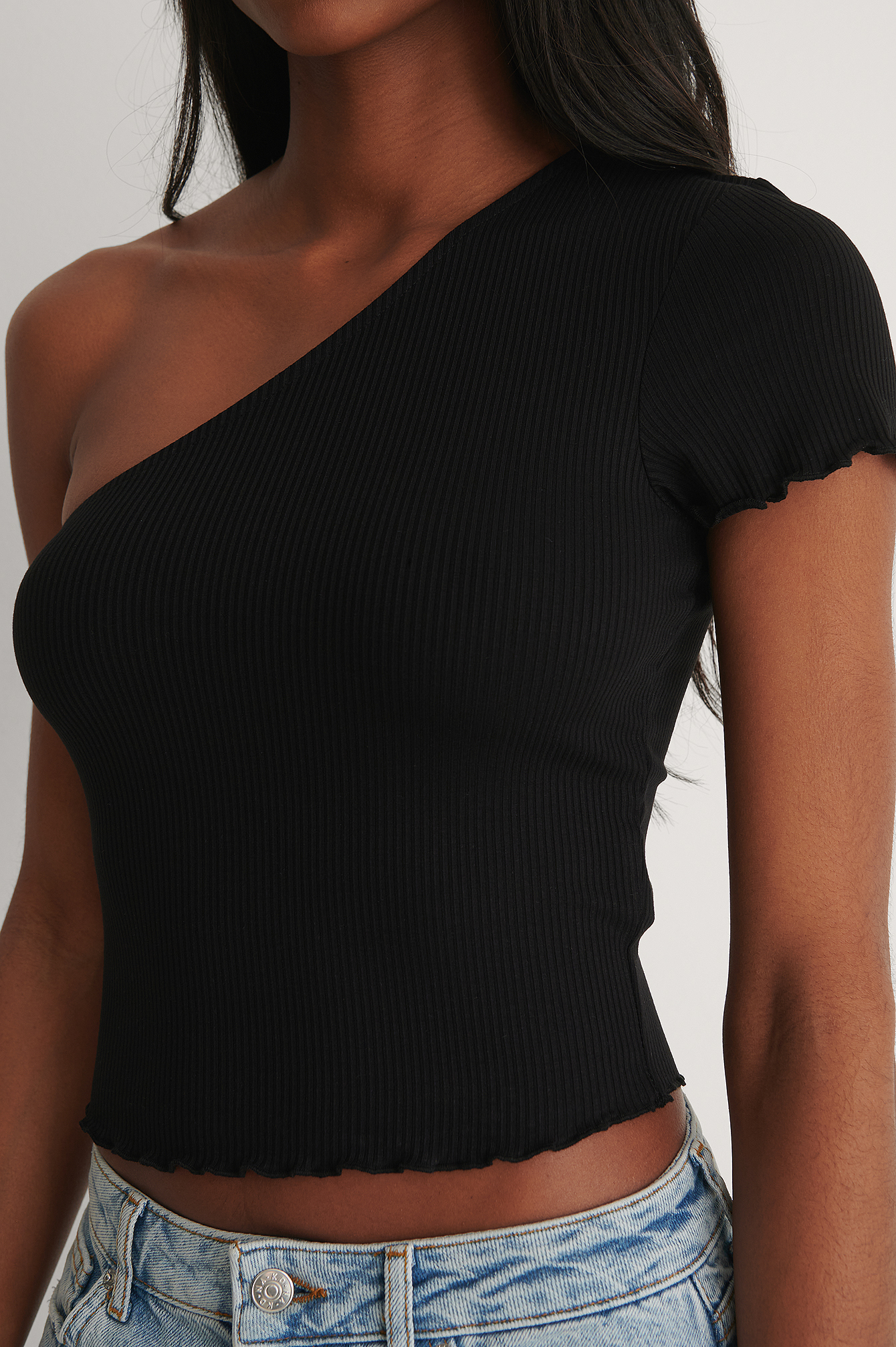 One Shoulder Short Sleeve Top Black 