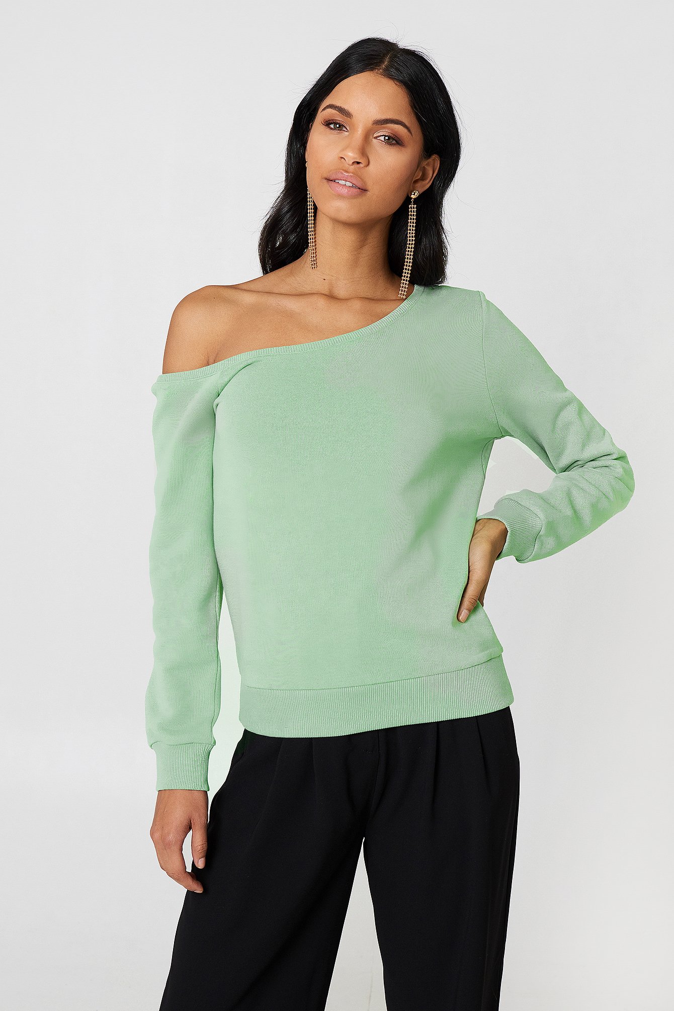 One Shoulder Sweater Light Duck Green | na-kd.com