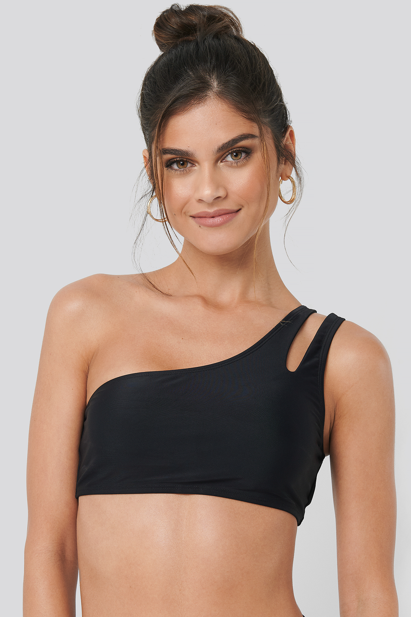One Shoulder Cut Out Bikini Top Black