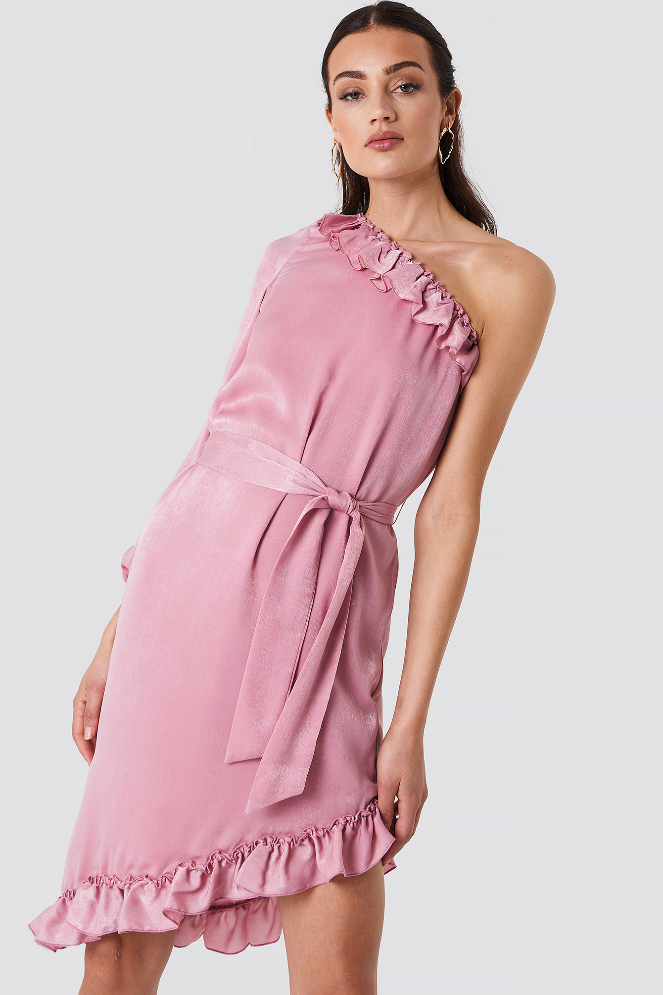 One Sleeve Asymmetric Frill Dress Dusty Pink