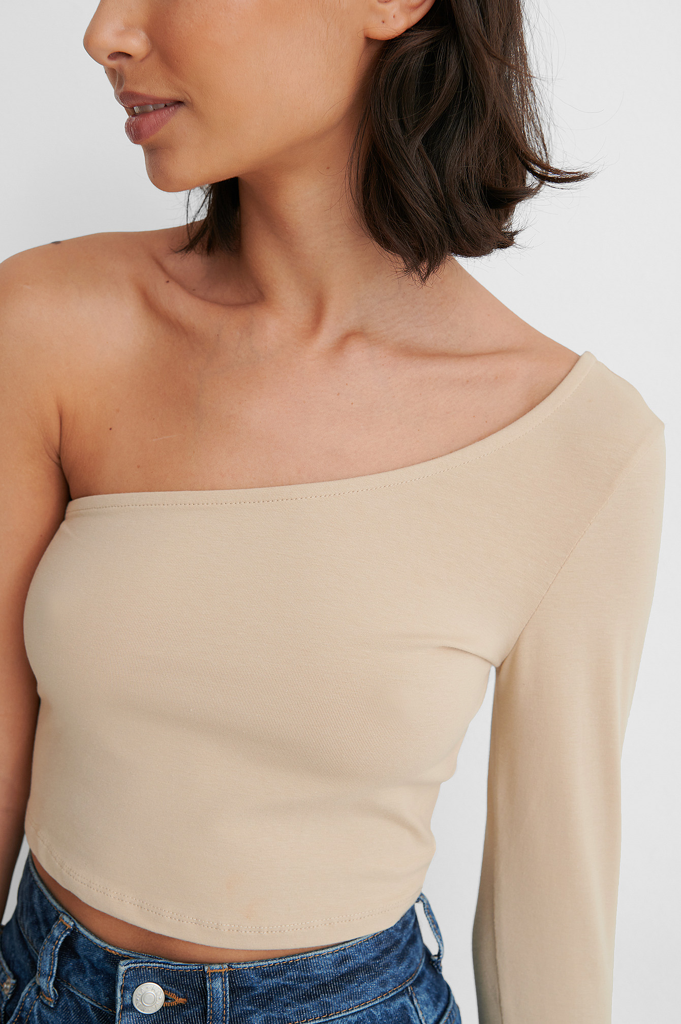 One Sleeve Crop Top Beige