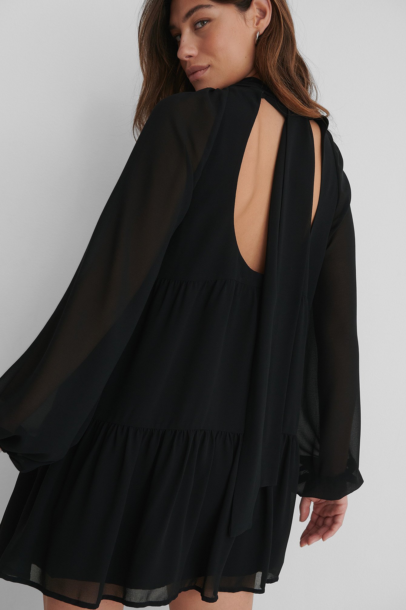 Black Recycled Open Back Frill Chiffon Dress