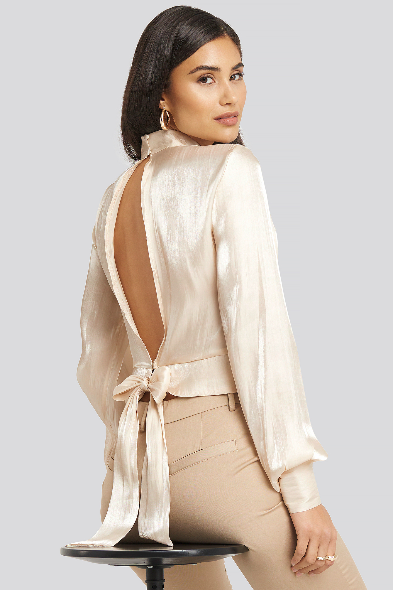 Open Back Tie Detail Blouse Dusty Light Beige