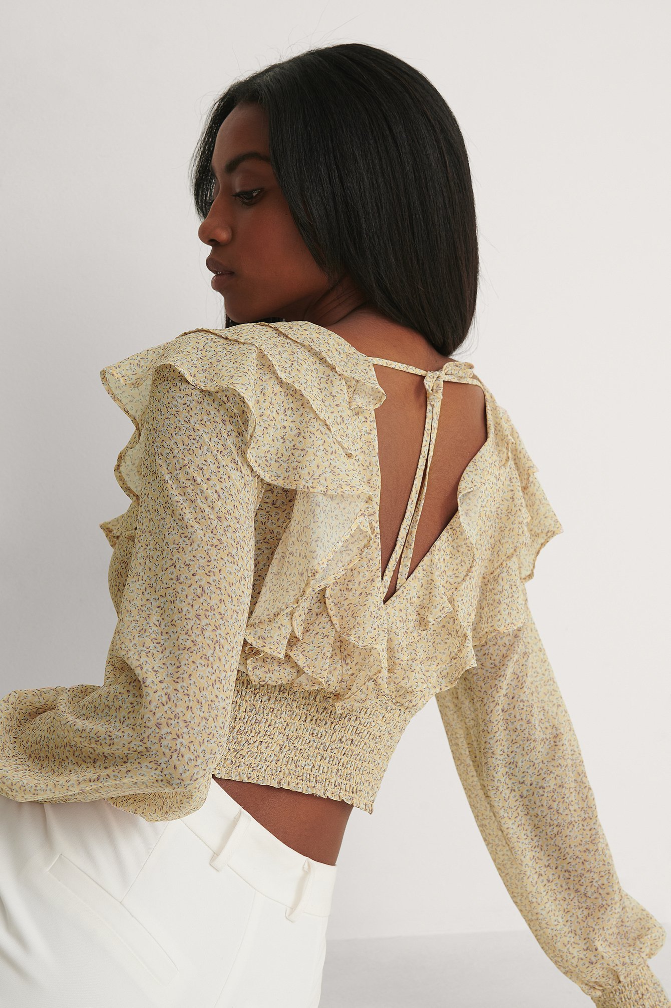 Yellow Flower Recycled Open Back Frill Blouse