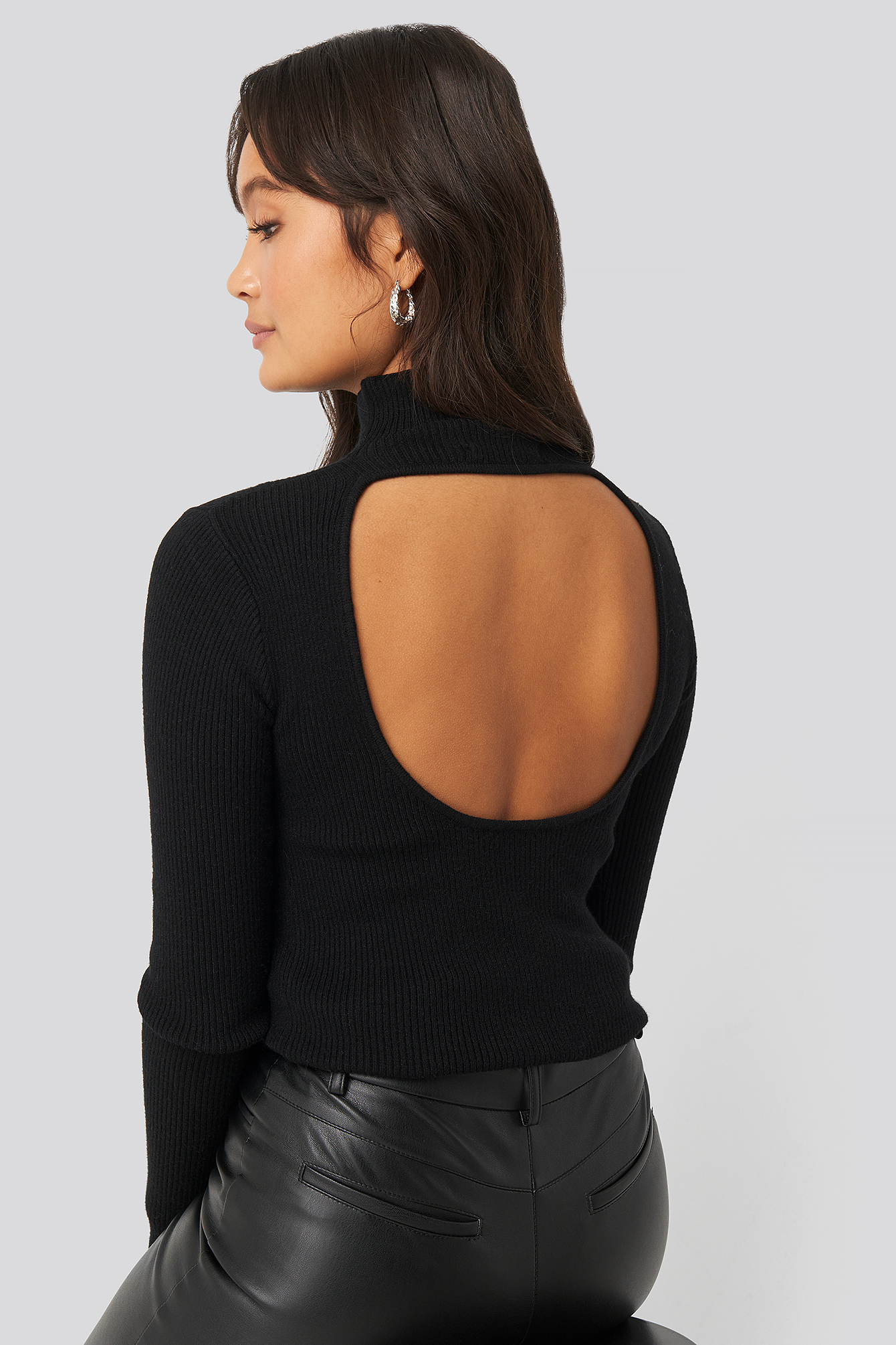 Open Back High Neck Knitted Sweater Black