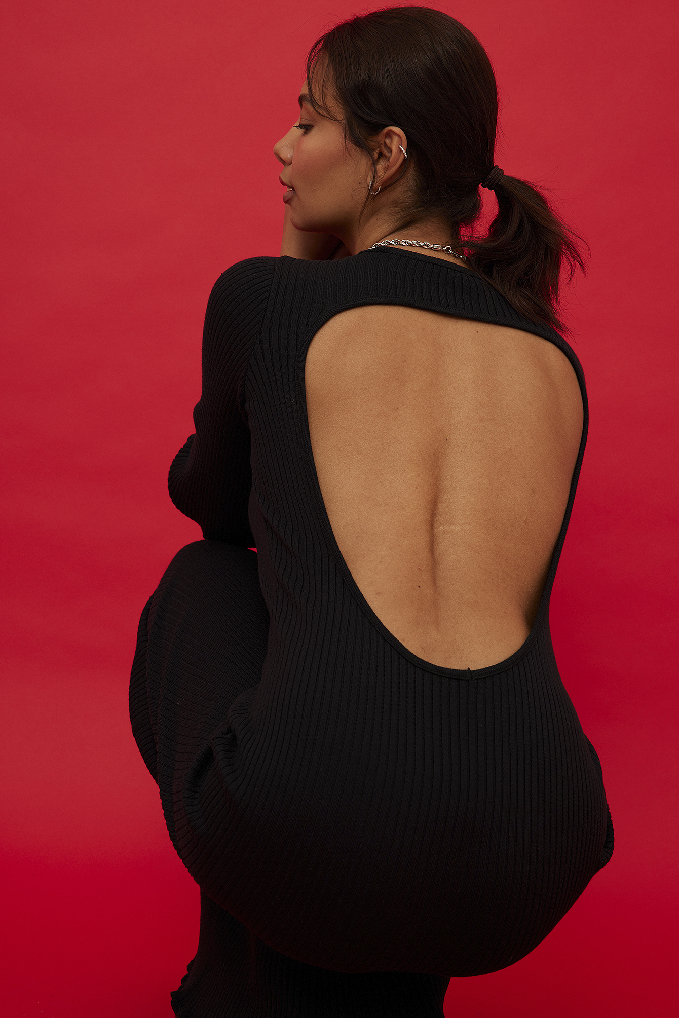 Open Back Knitted Maxi Dress Black | na 