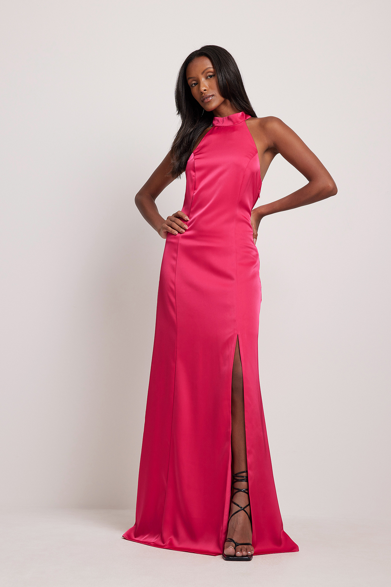 Open Back Maxi Satin Dress Pink | NA-KD