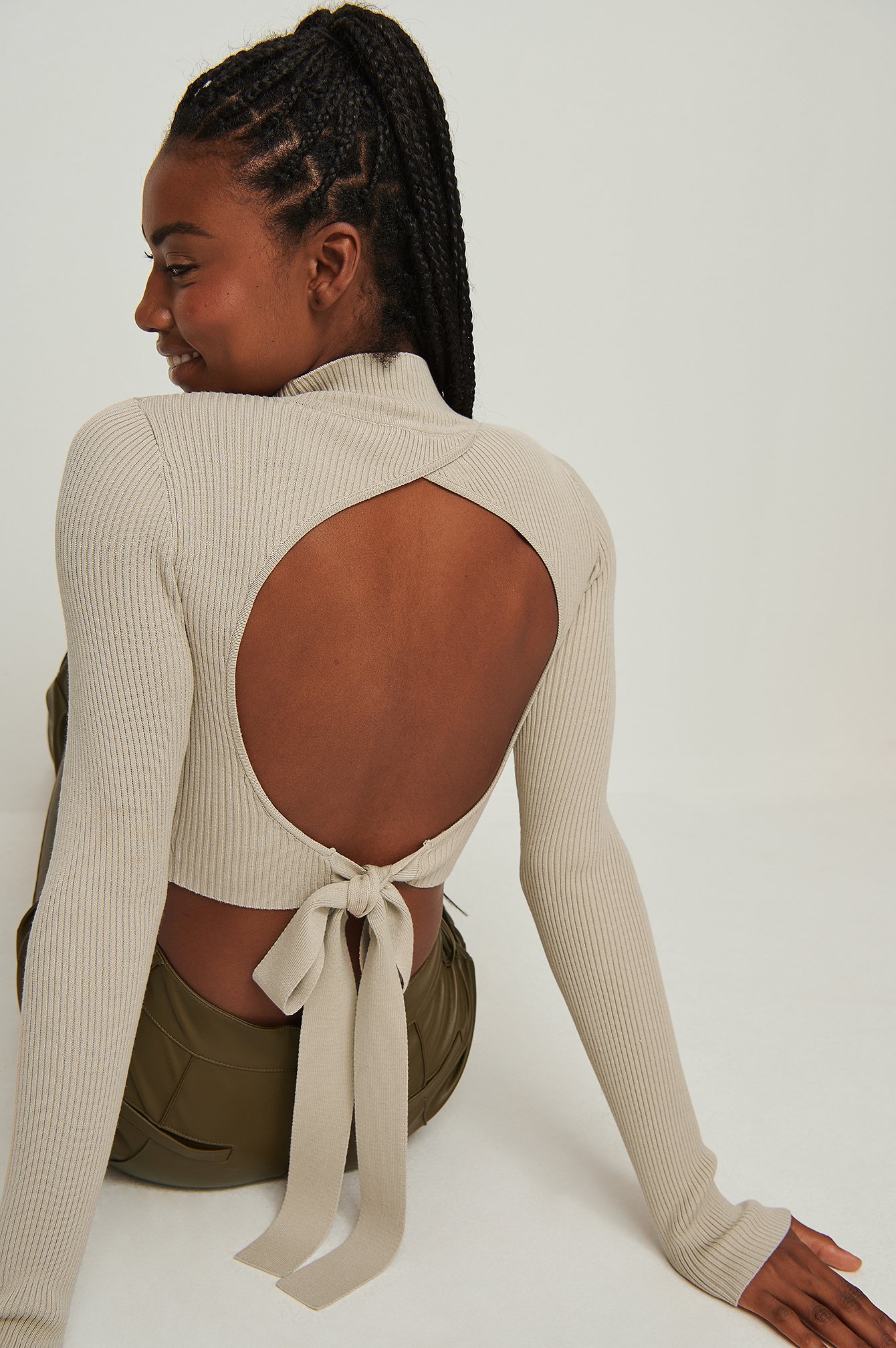 Beige Open Back Ribbed Knitted Sweater