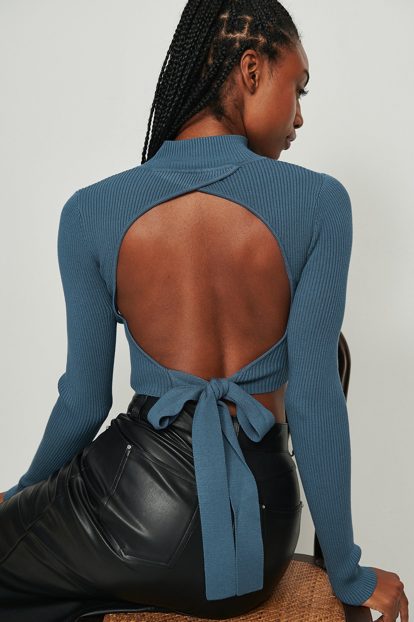 Dark Blue NA-KD Trend Open Back Ribbed Knitted Sweater