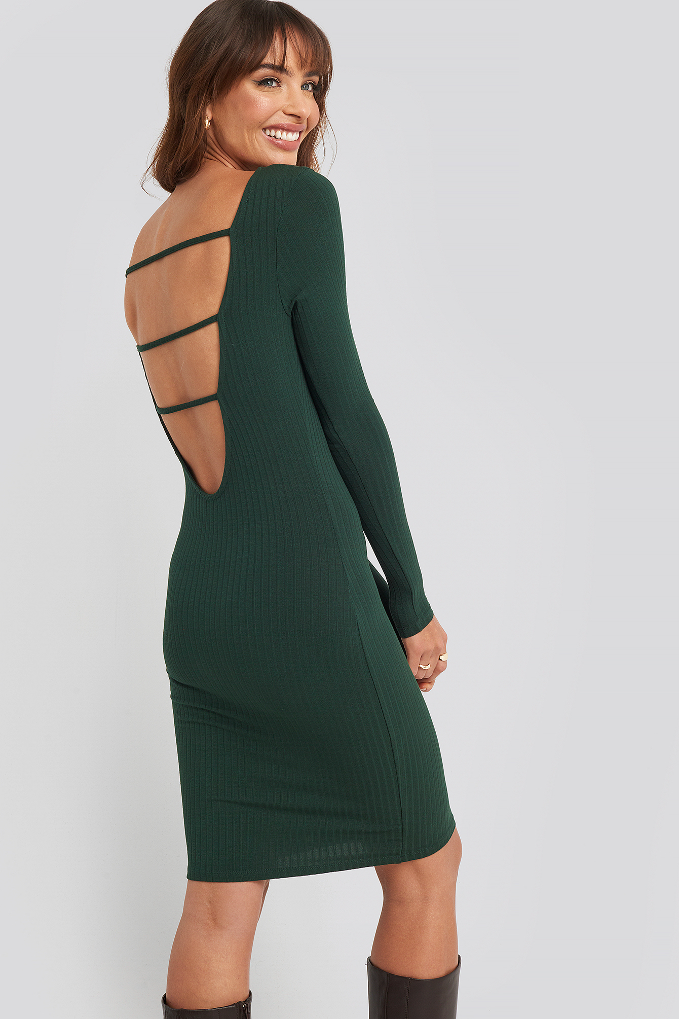 Open Back Ribbed Mini Dress Dark Green
