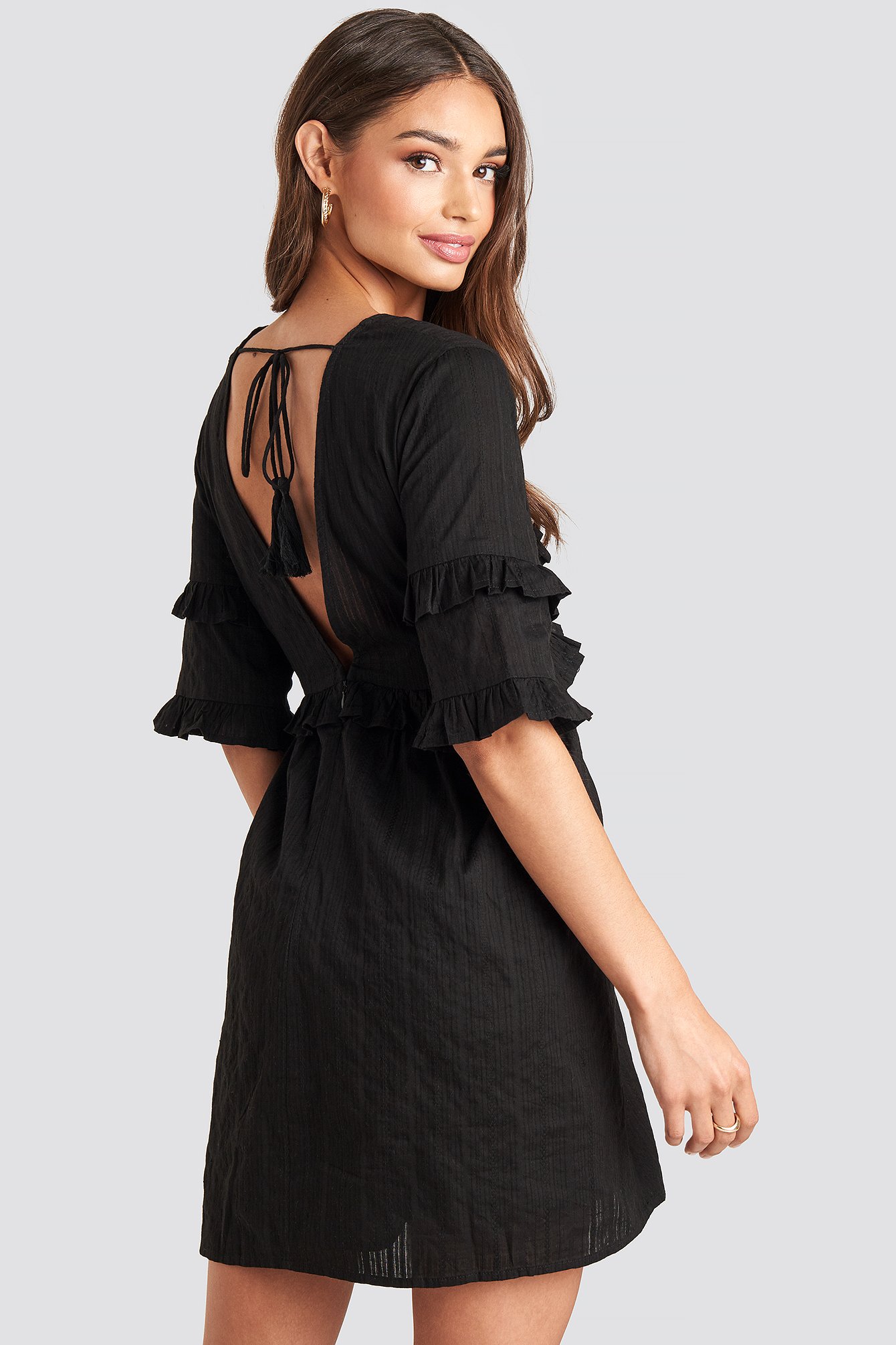 Open Back Ruffle Sleeve Mini Dress Black | NA-KD
