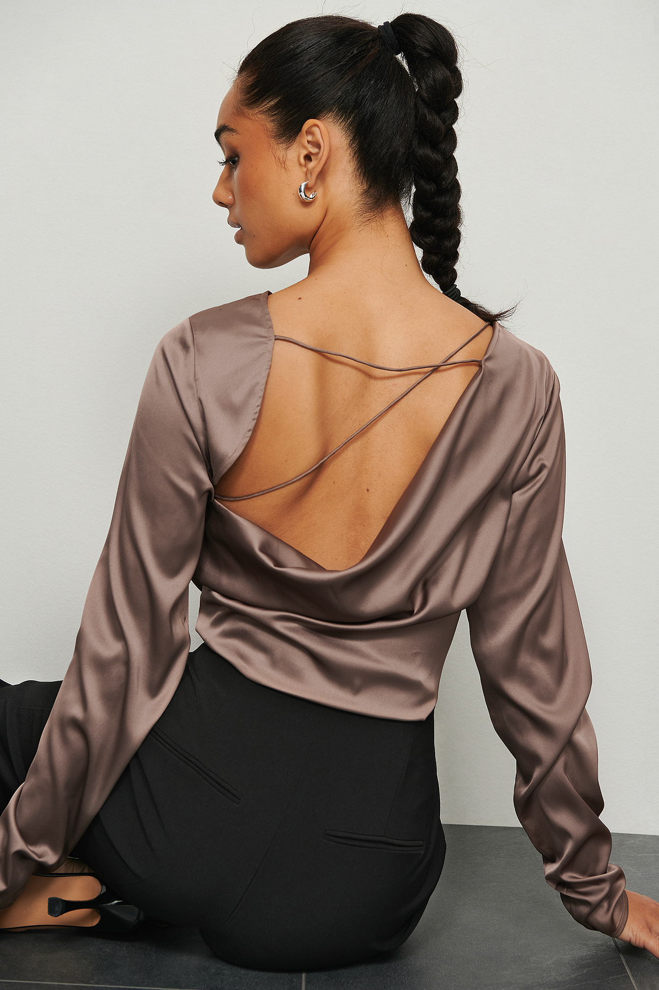 NA-KD Party Open Back Satin Blouse - Brown