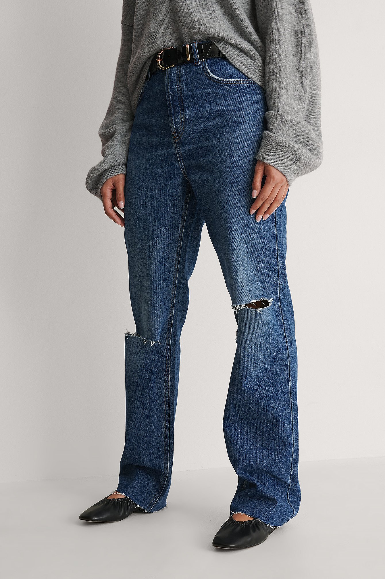 Mid Blue NA-KD Trend Open Knee Straight High Waist Jeans