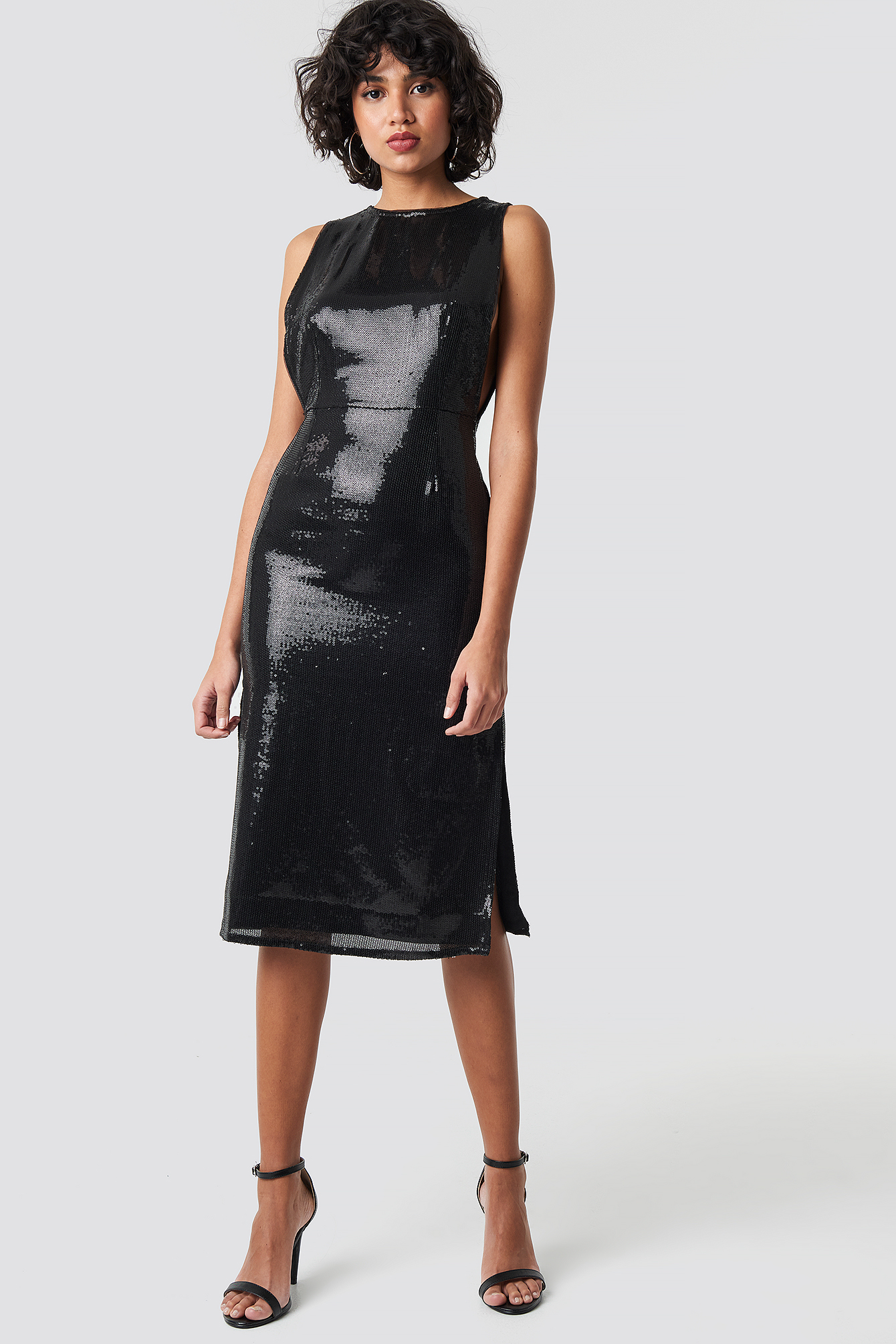 Open Side Sequin Midi Dress Black