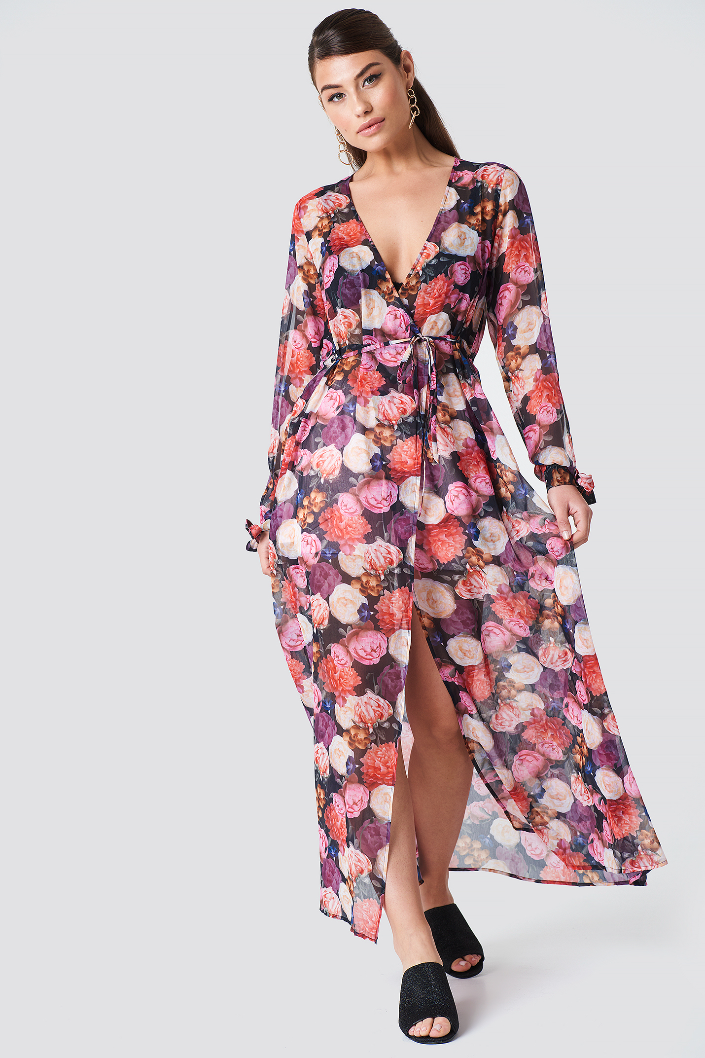 Open Sleeve Chiffon Coat Dress Oil Flowers
