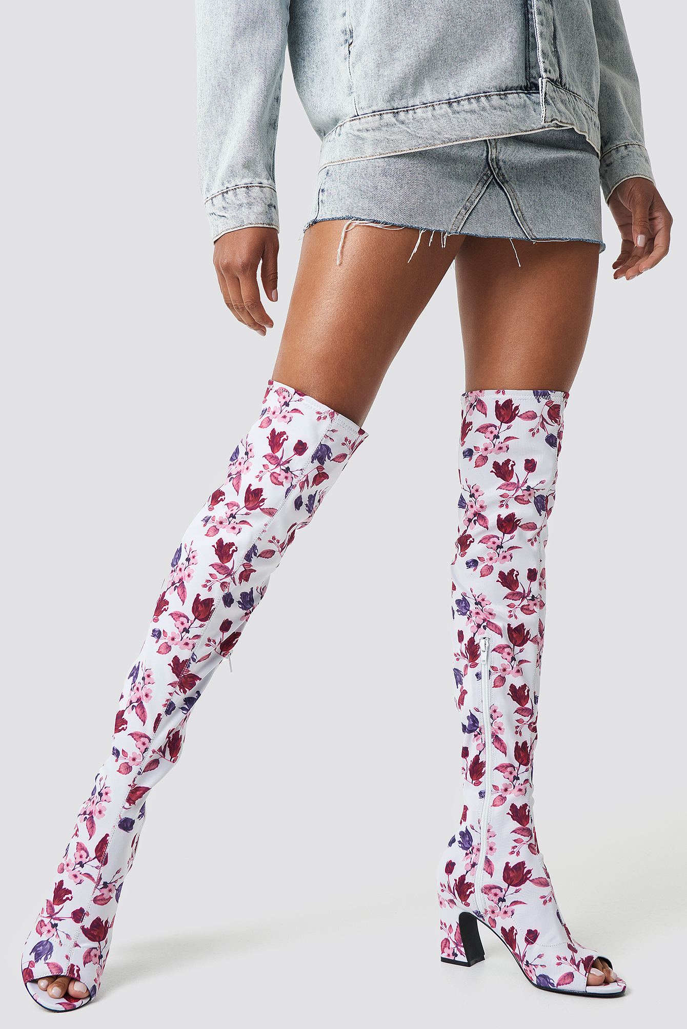 Open Toe Knee High Boots White Tulip Pattern