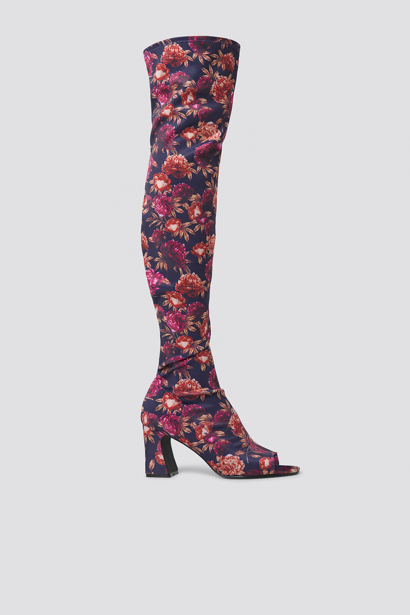 Open Toe Knee High Boots Dark Blue/Burgundy Peonies