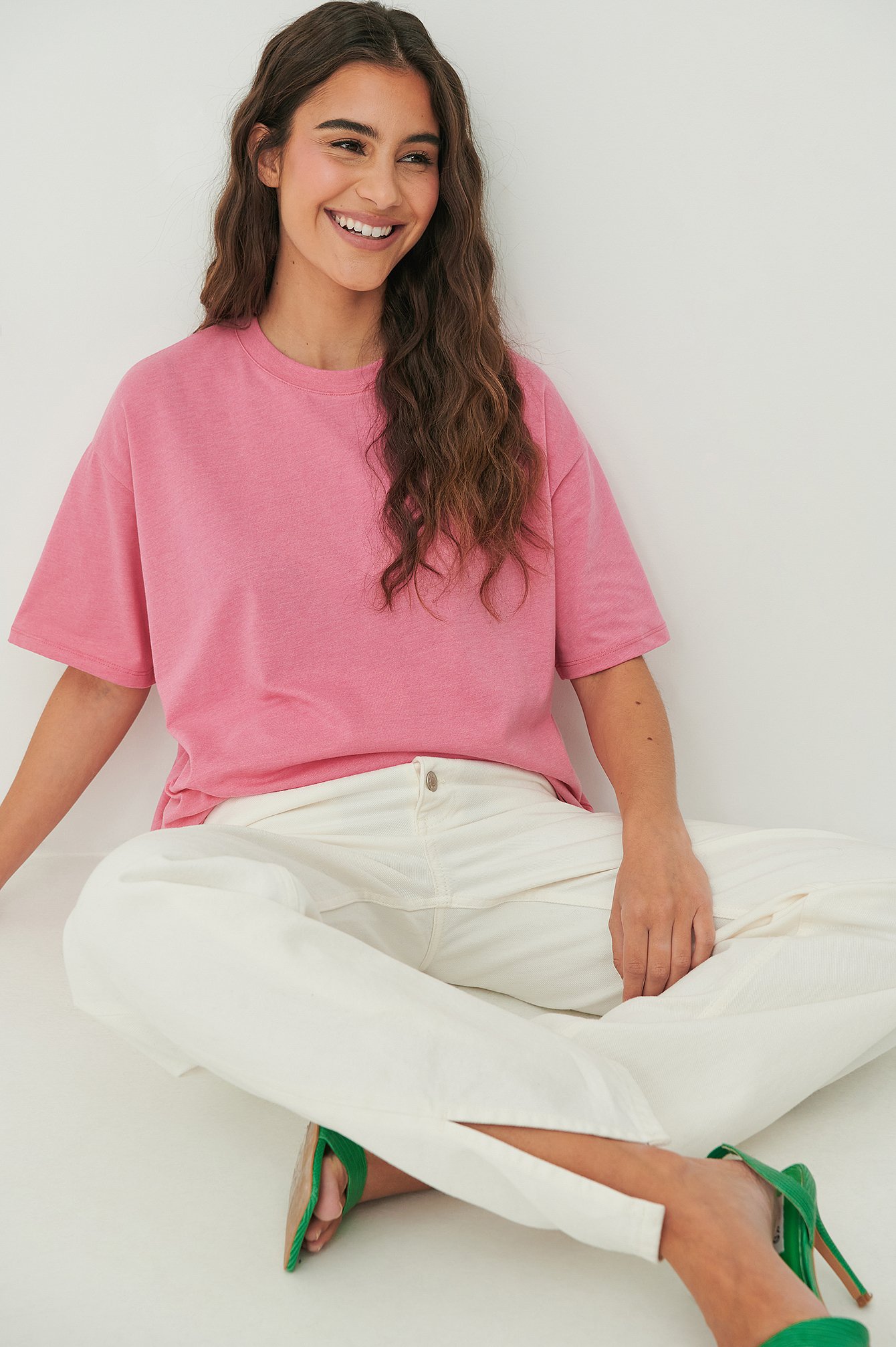 Pink Melange Luźny T-shirt z okrągłym dekoltem, z tkaniny organicznej