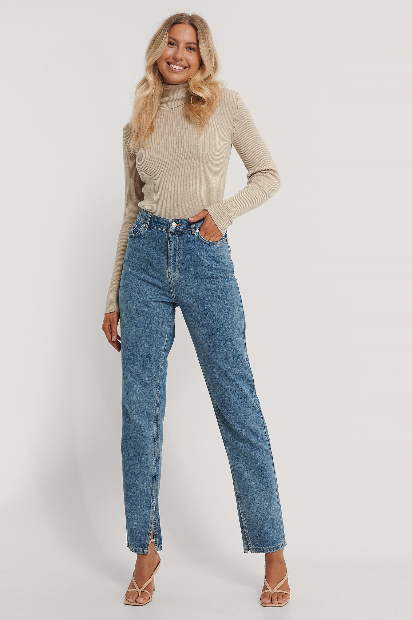 Mid Blue Økologiske Jeans Med Sidesplitt