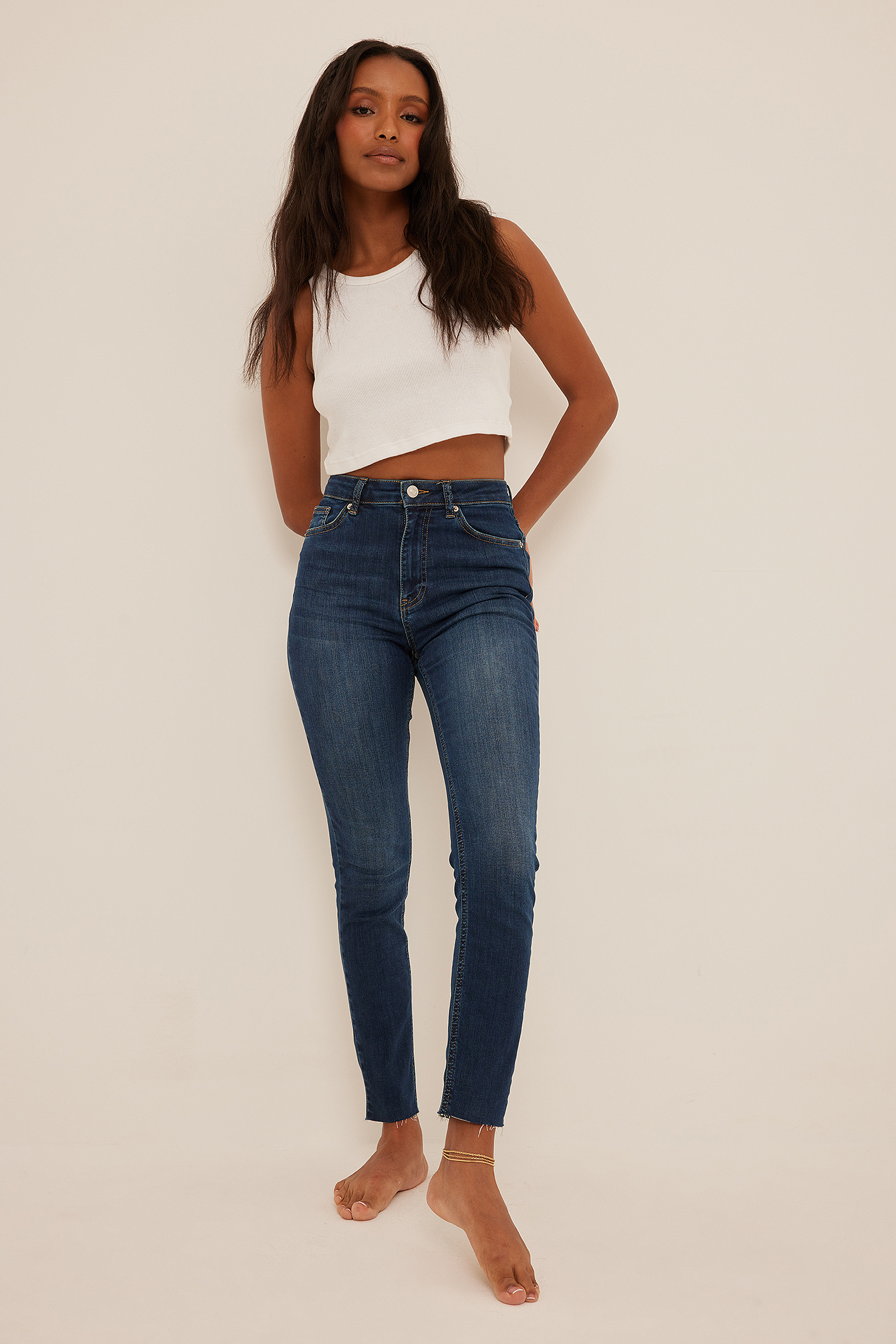 High Waist Raw Hem Jeans