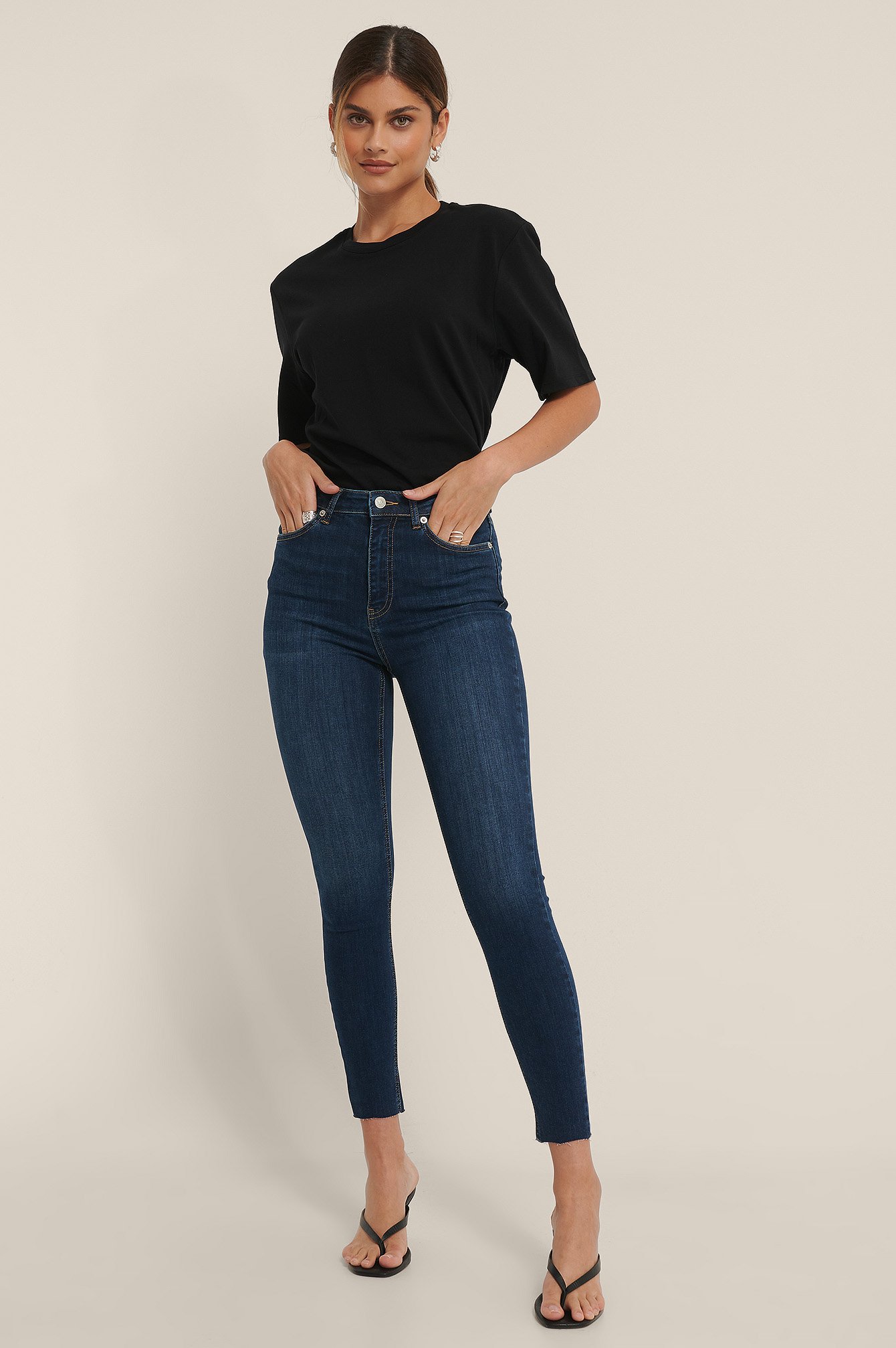 Dark Blue Organisch skinny jeans met hoge taille en ruwe zoom