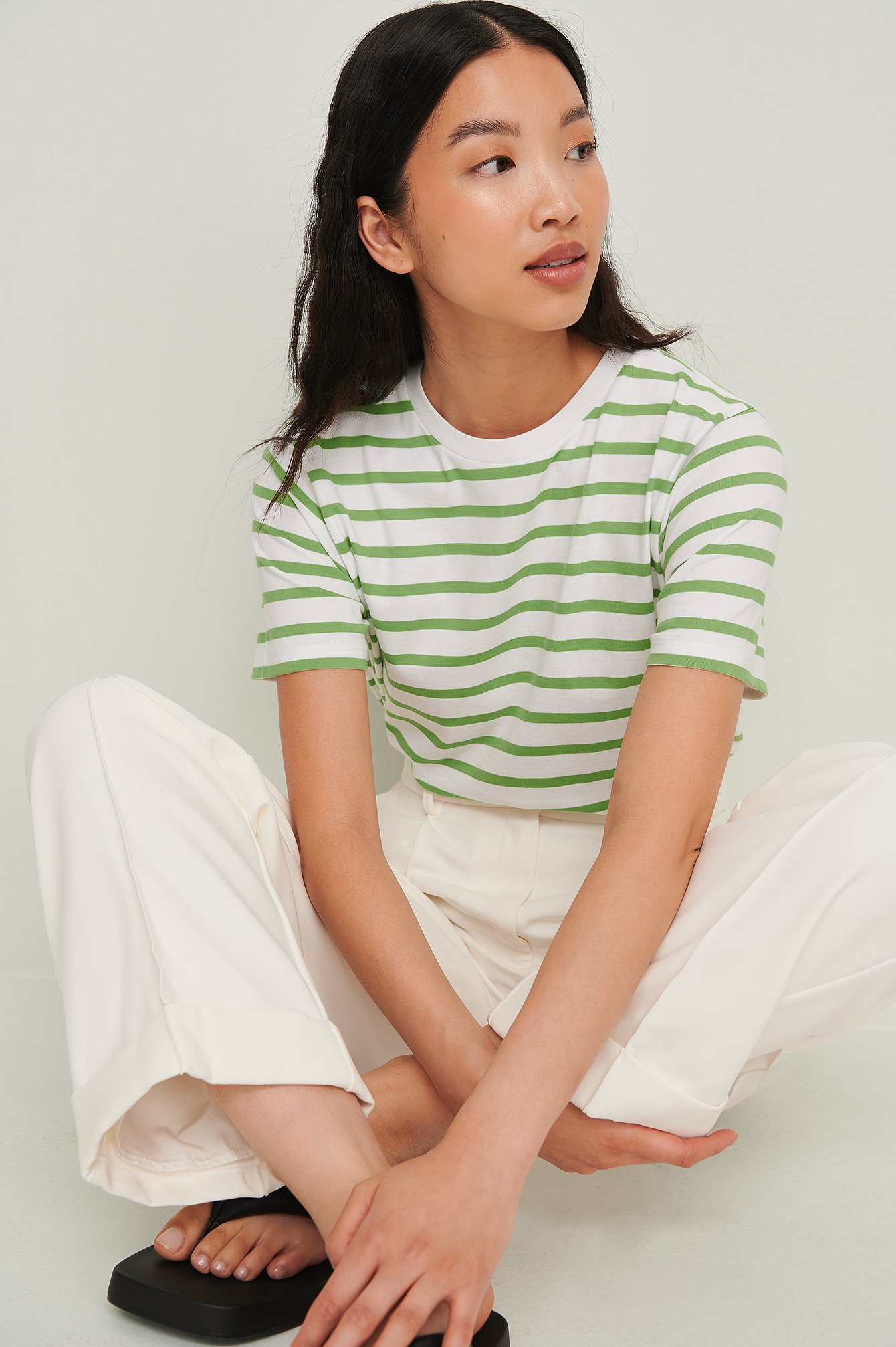 White/green Luźna ekologiczna koszulka w paski