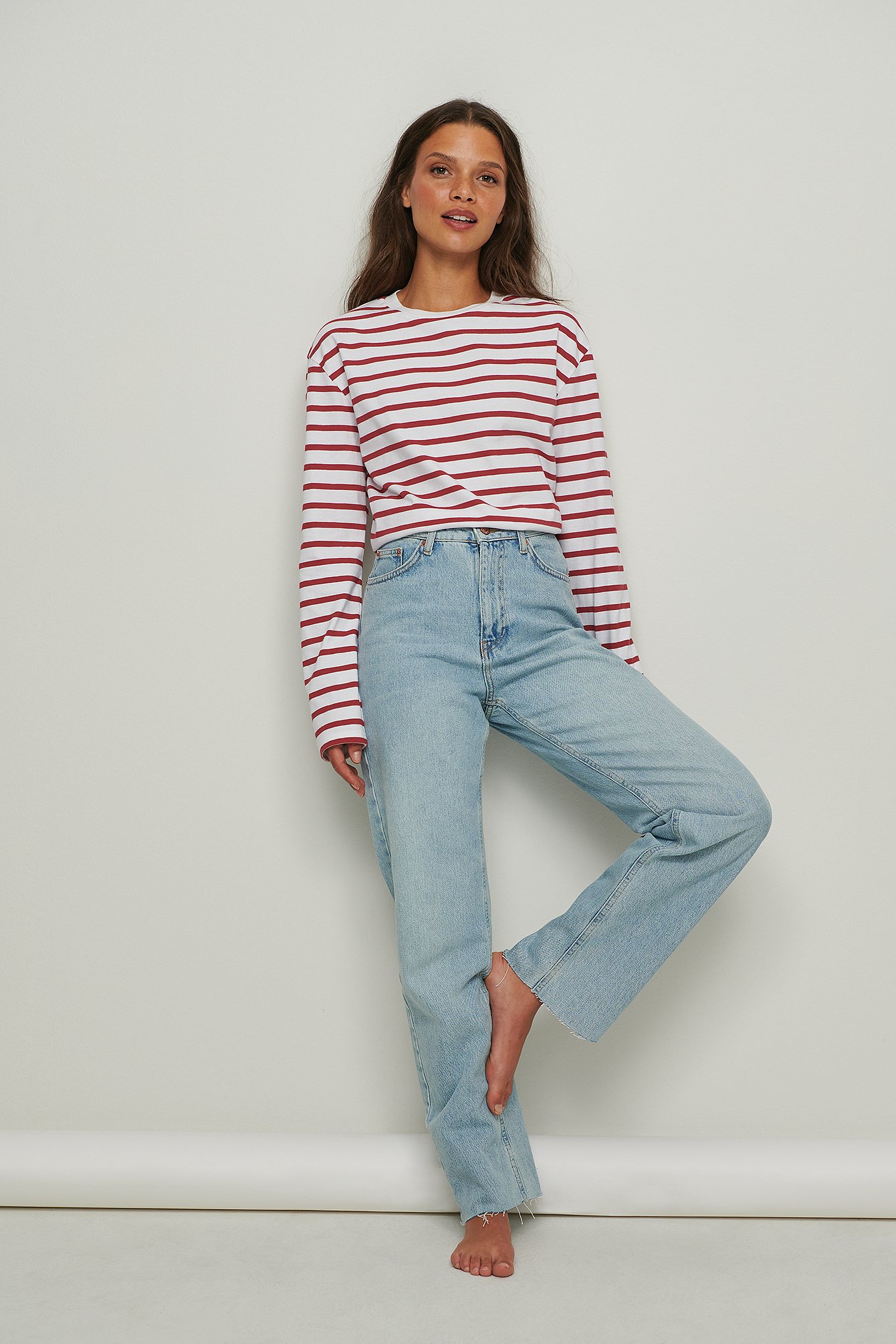 White/Red Organic Striped Oversized Long Sleeved Top