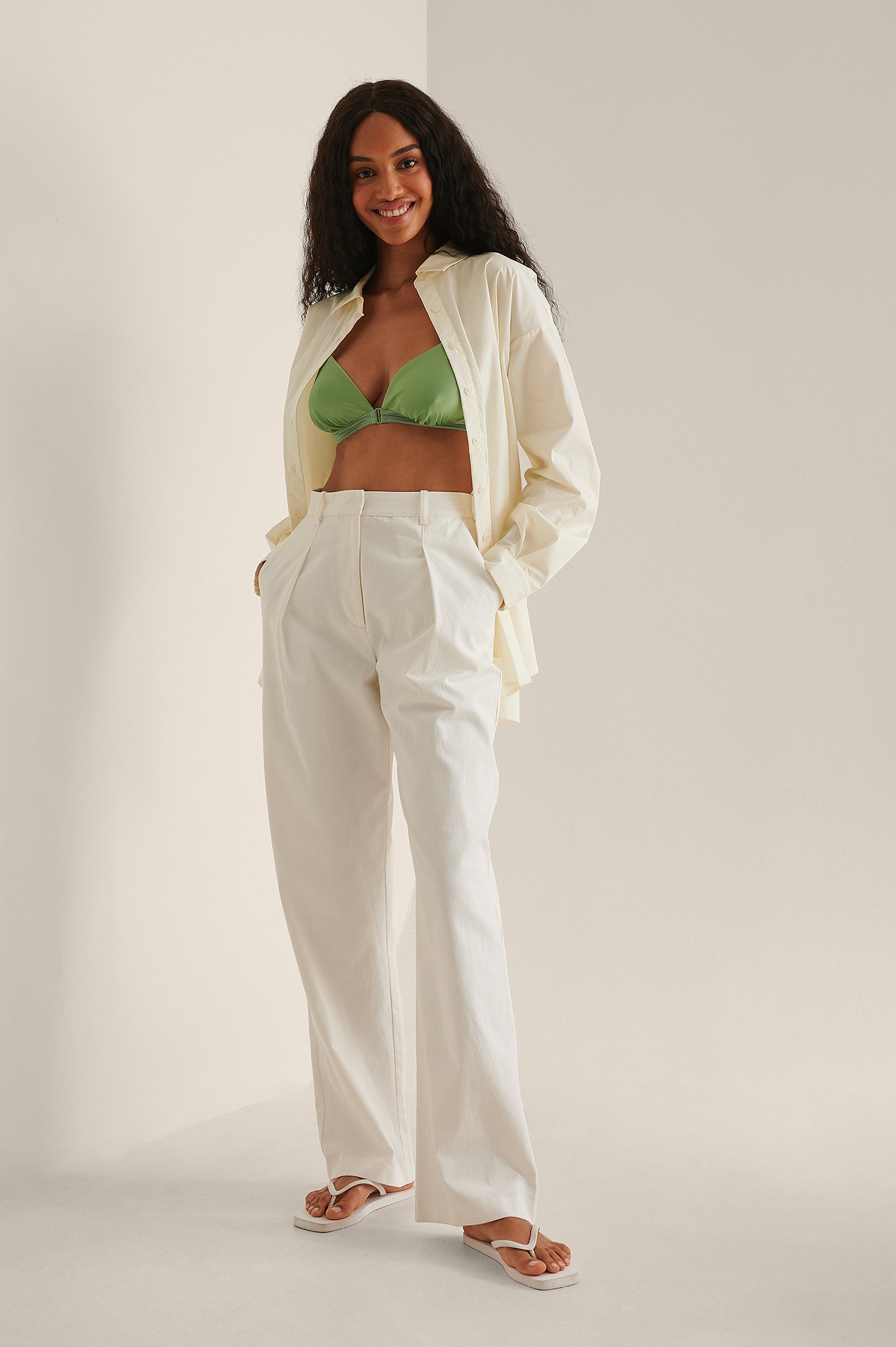 NA-KD Trend Organic Wide Leg Detailed Cotton Pants - Offwhite