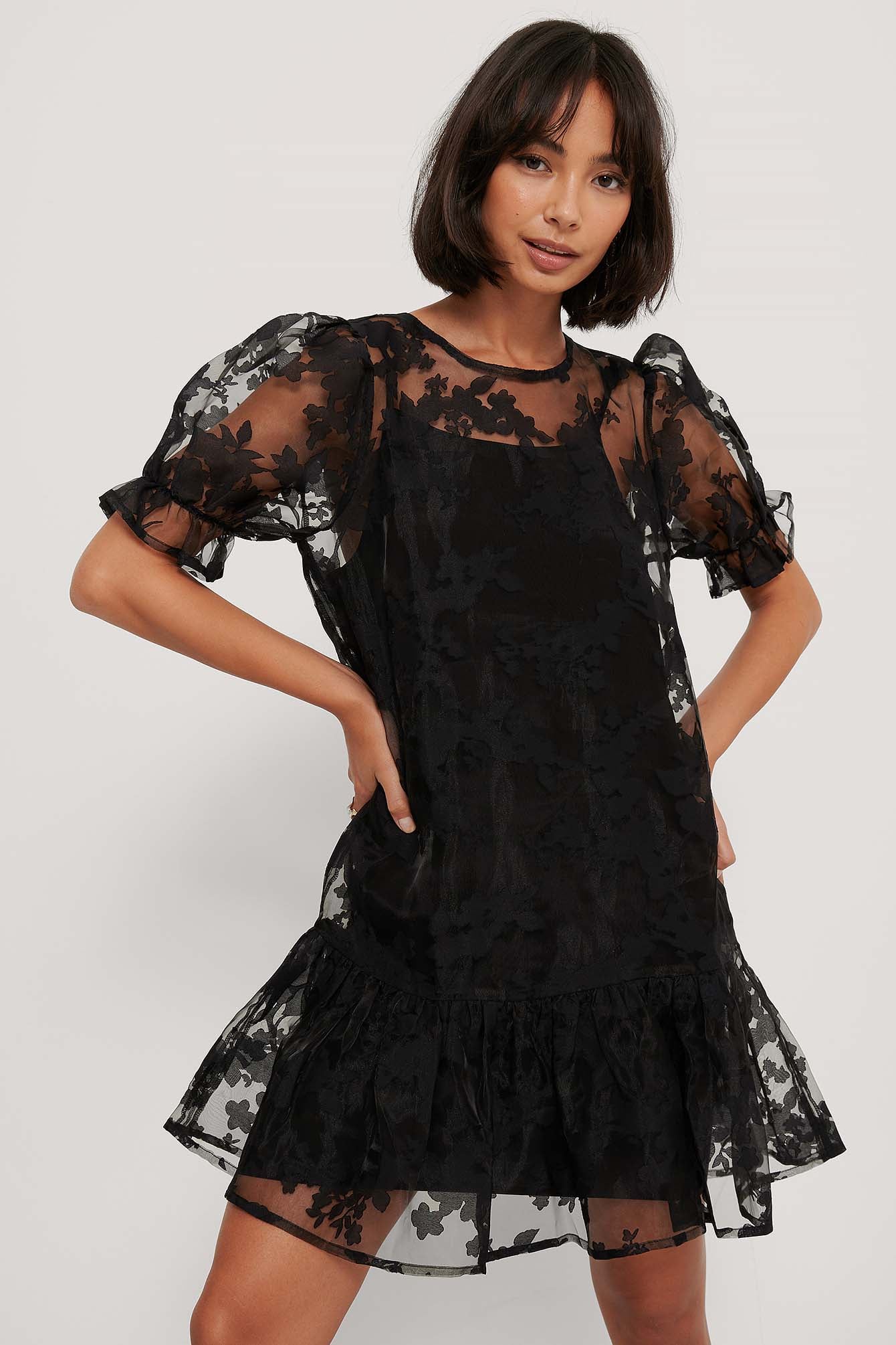 Organza Ruffle Hem Dress Black | na-kd.com