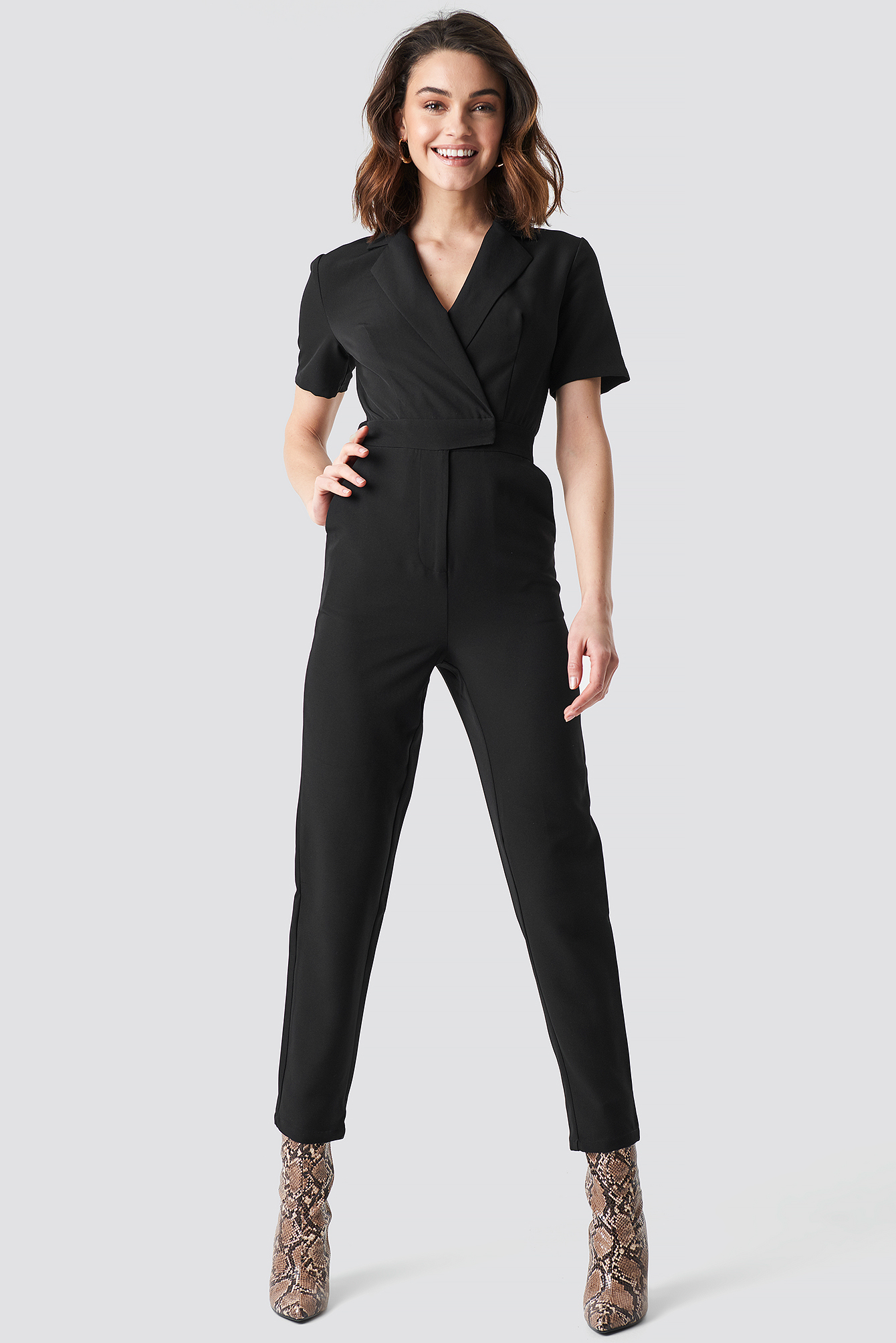 Overlap Collared Jumpsuit Black