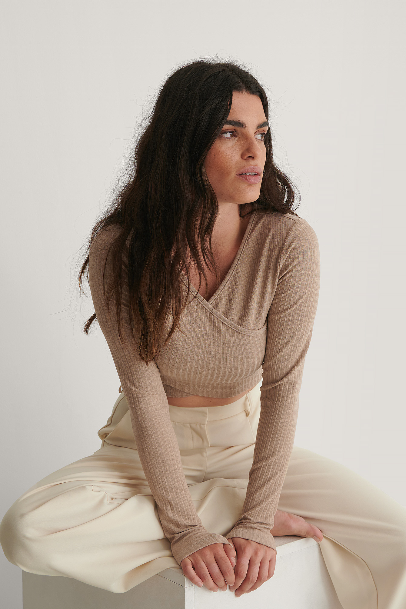 Overlap Crop Top Beige
