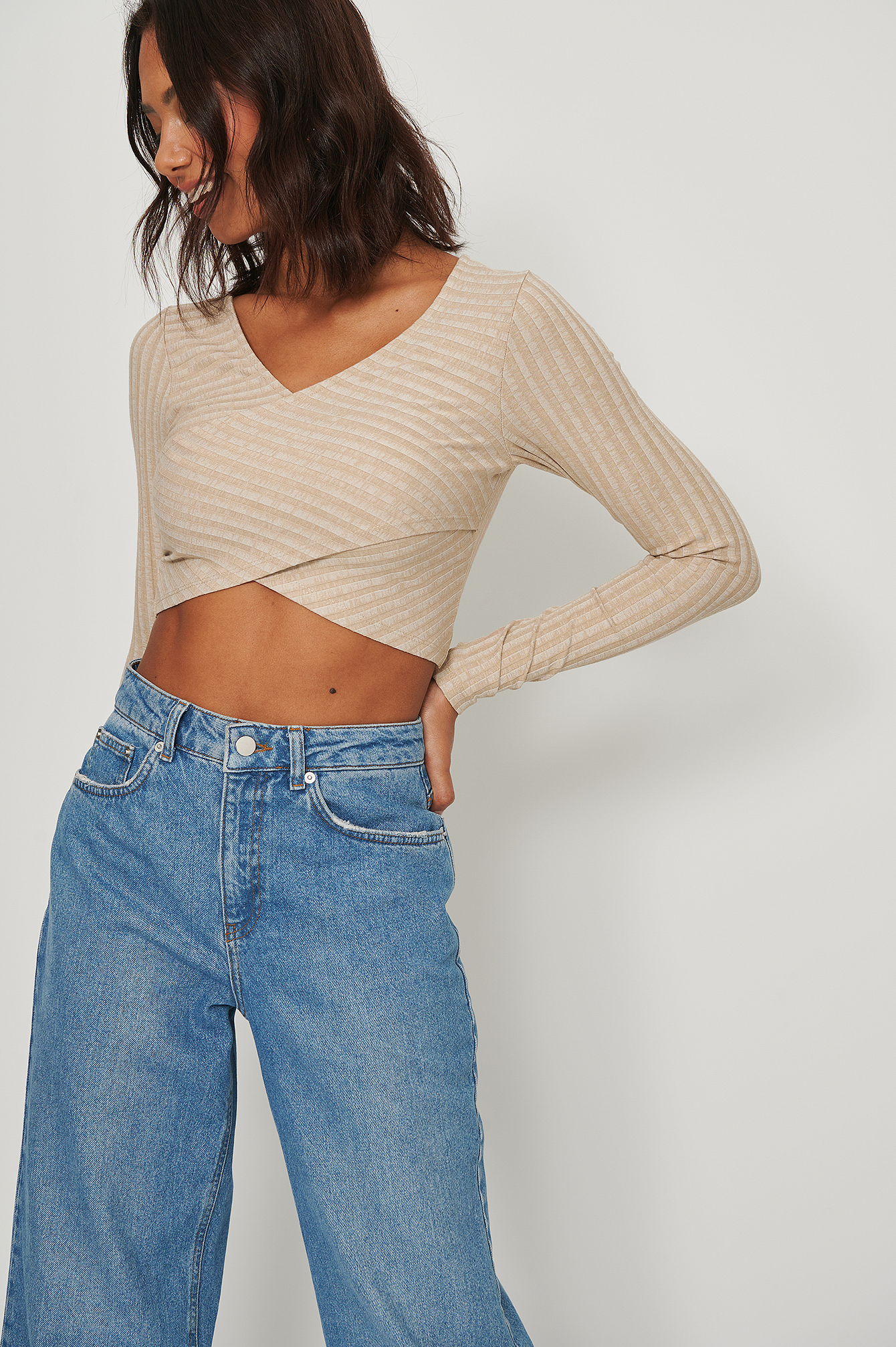 NA-KD Overlap Front Detail Rib Top - Beige