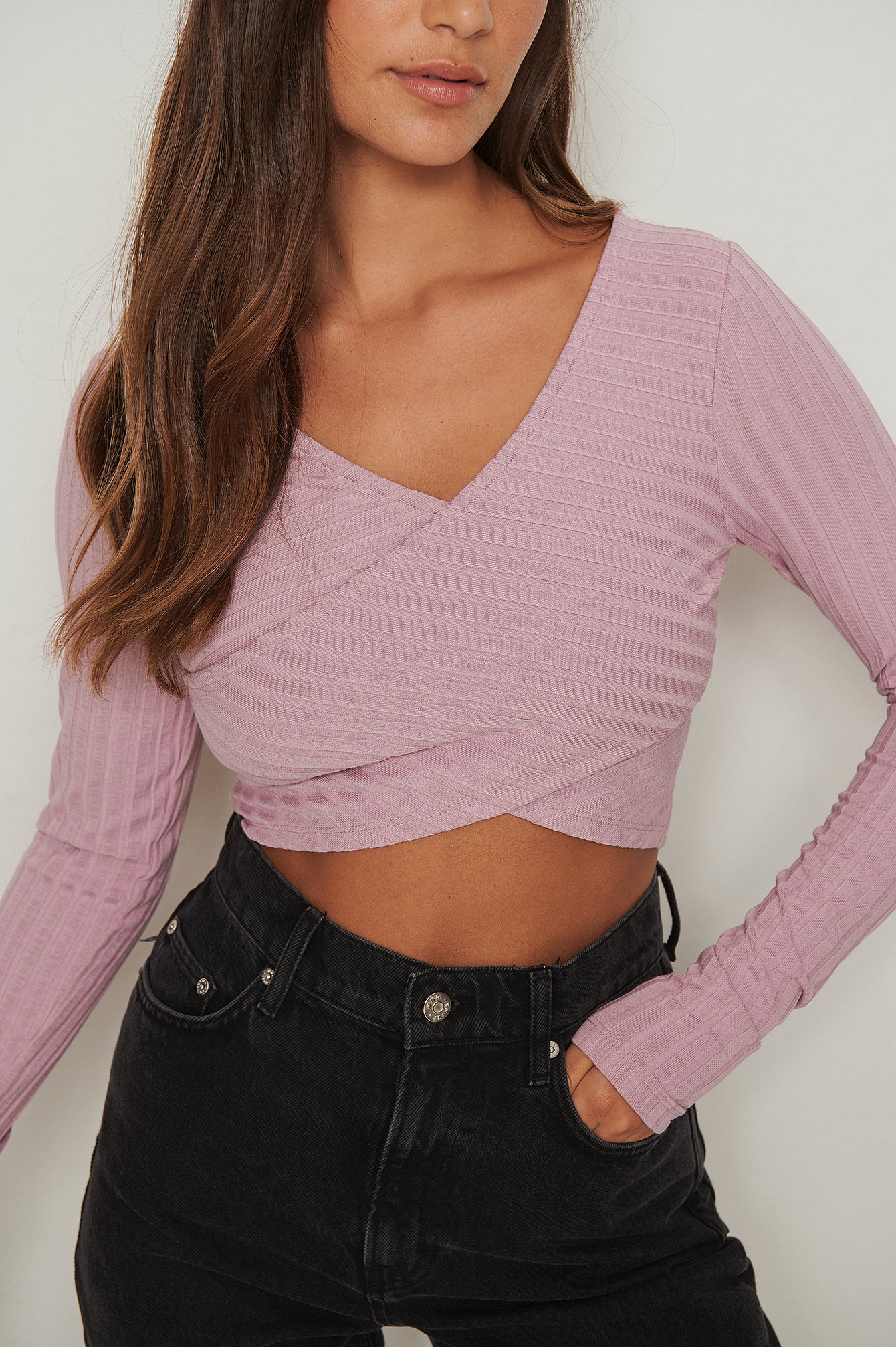 Dusty Light Pink Overlap Front Detail Rib Top