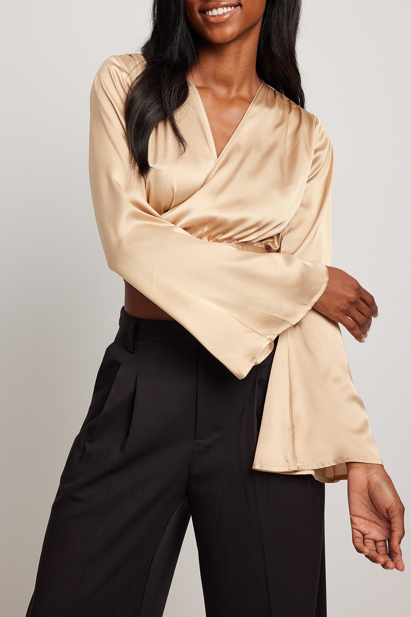Champagne Overlap Front Trumpet Sleeve Satin Blouse
