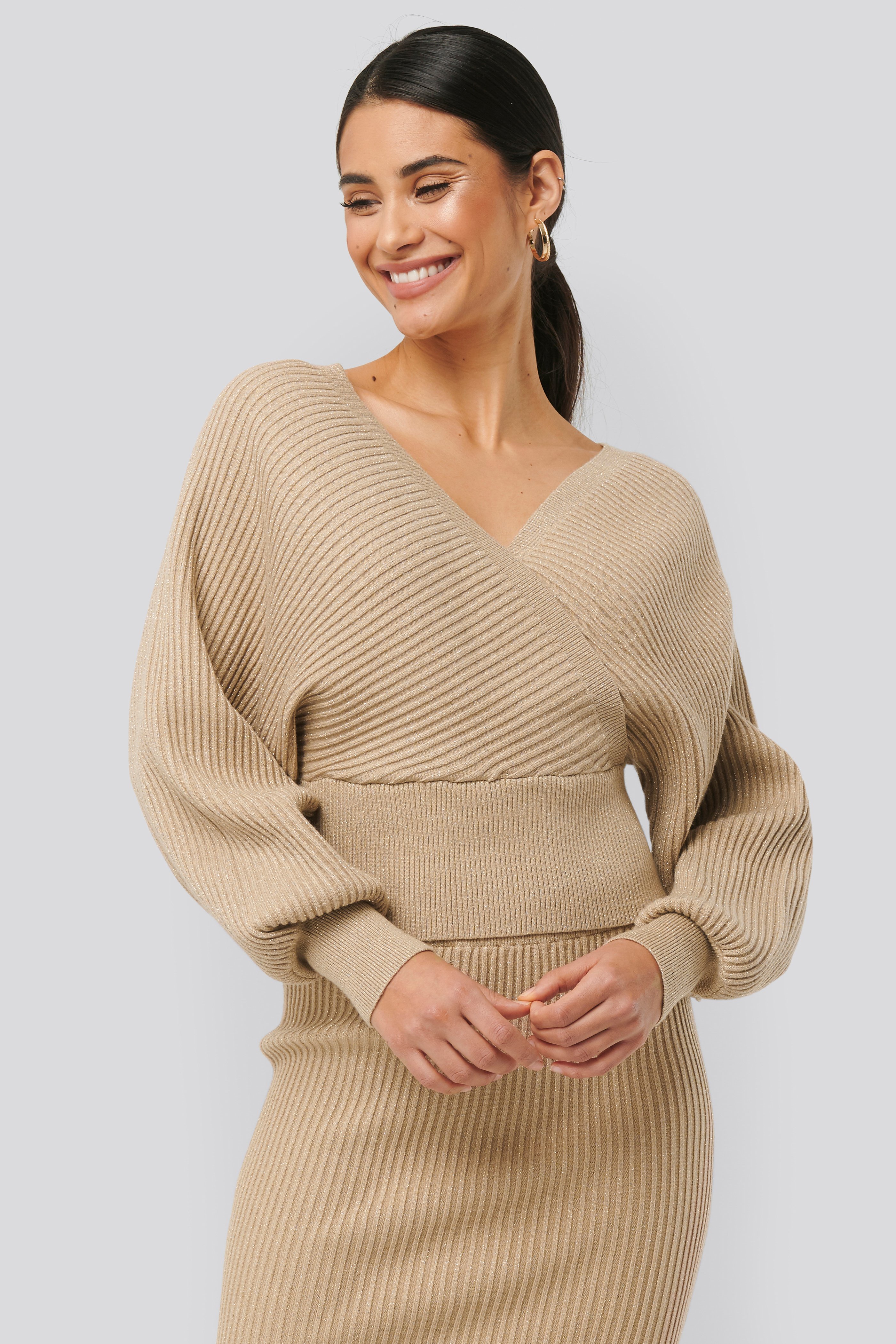 Beige NA-KD Overlap Glittery Knitted Sweater