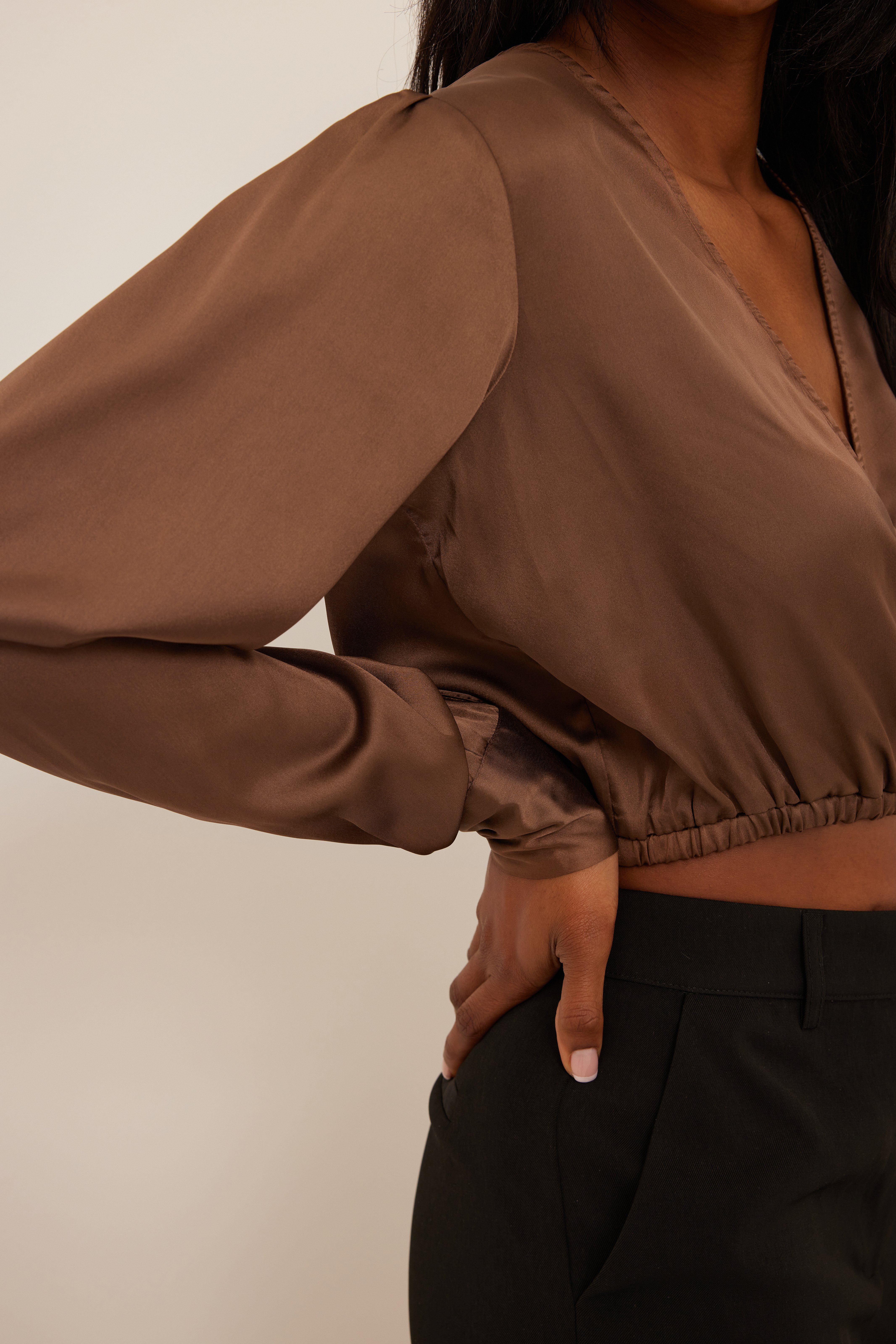 Brown Recycled Overlap LS Satin Blouse