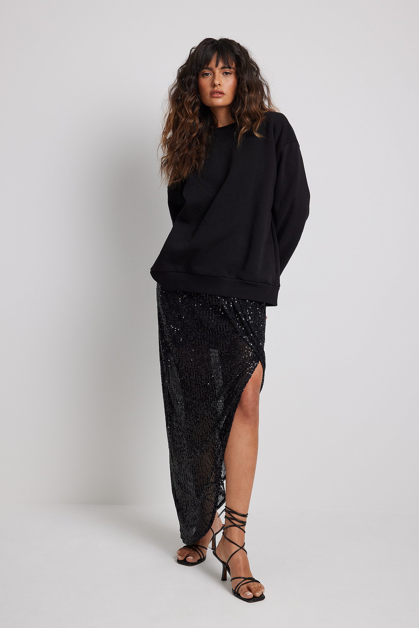 Black Overlap Sequin Midi Skirt