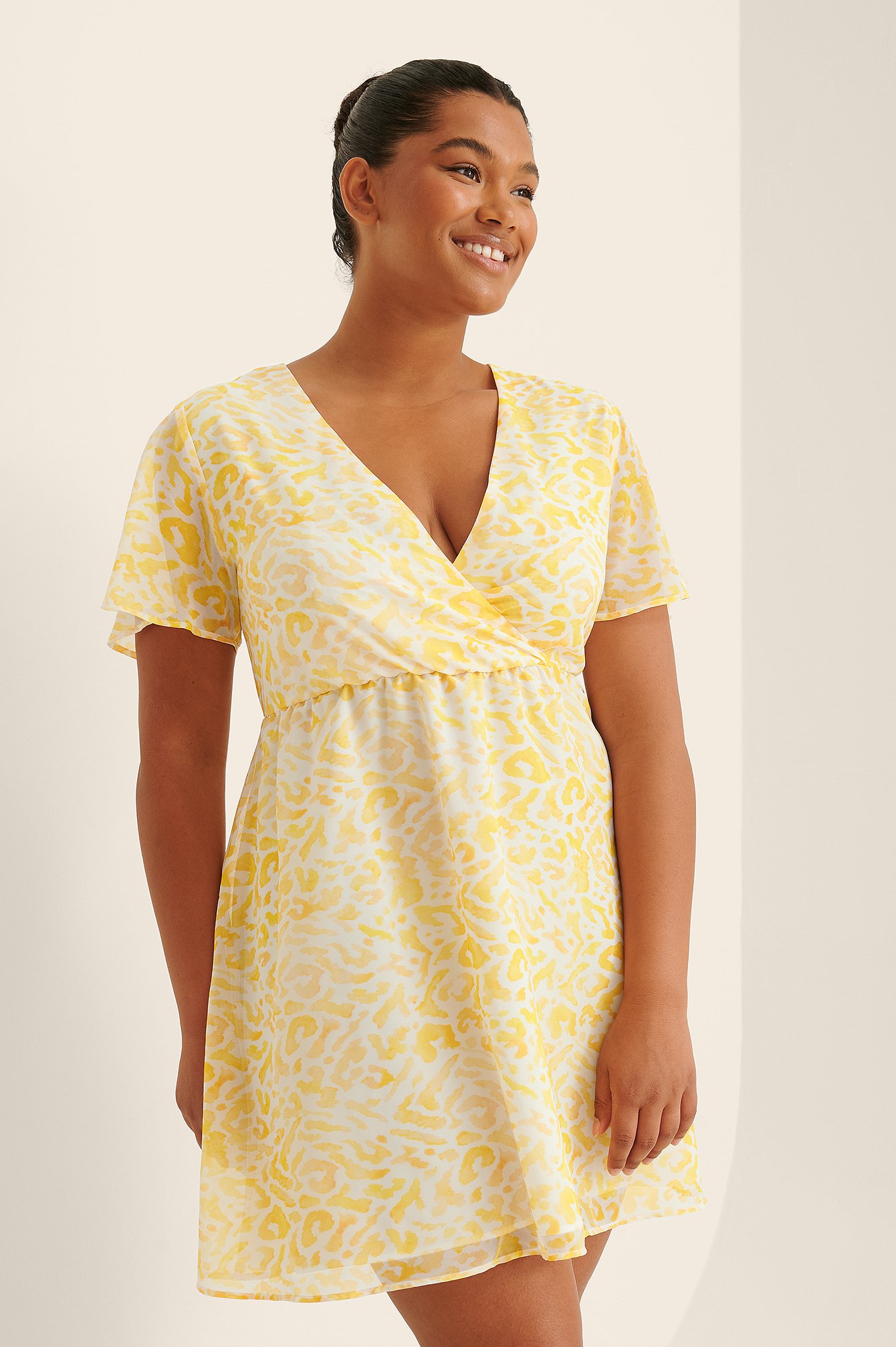 Yellow Print Recycled Overlap Sheer Mini Dress
