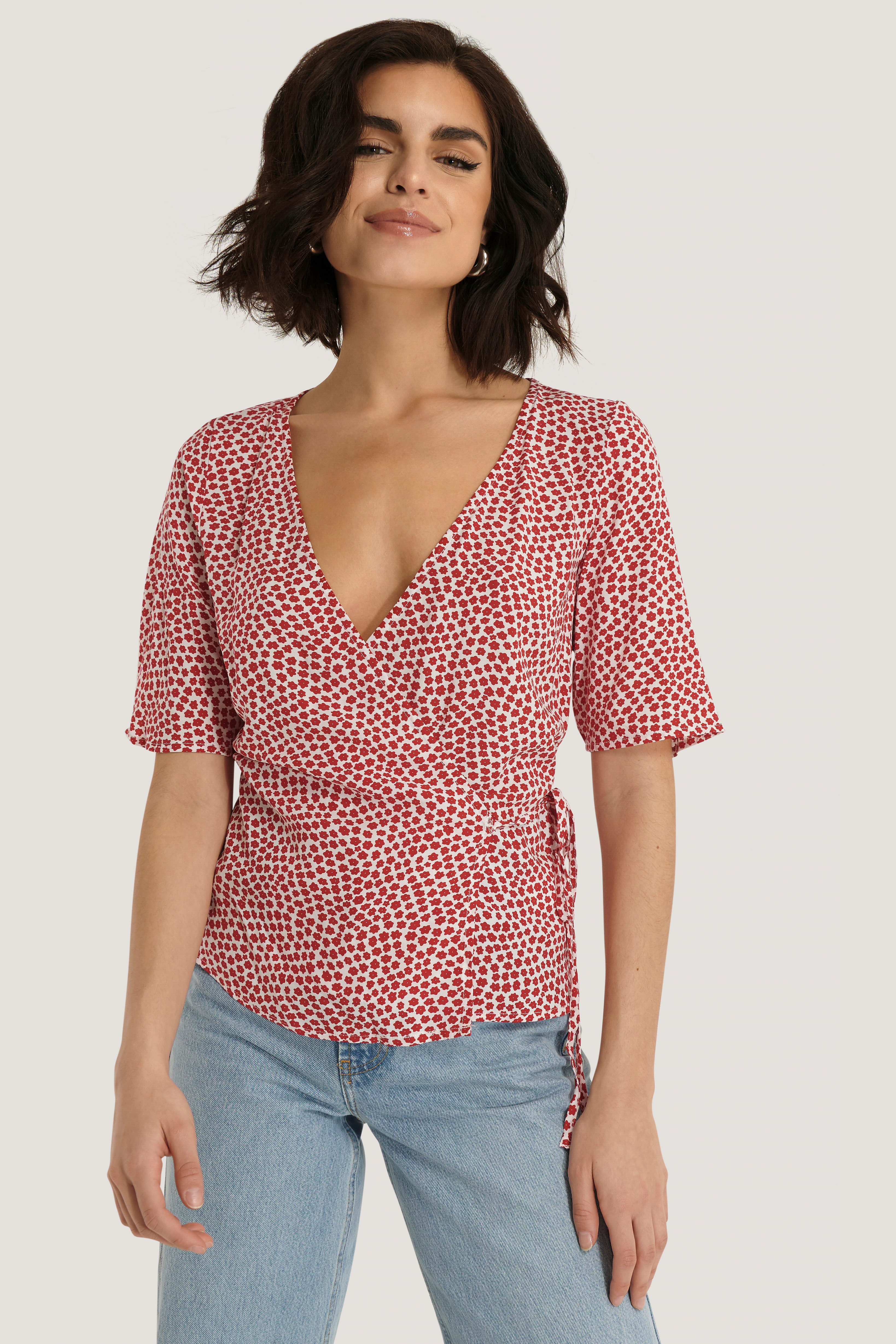 Overlap Short Sleeve Printed Blouse Red 