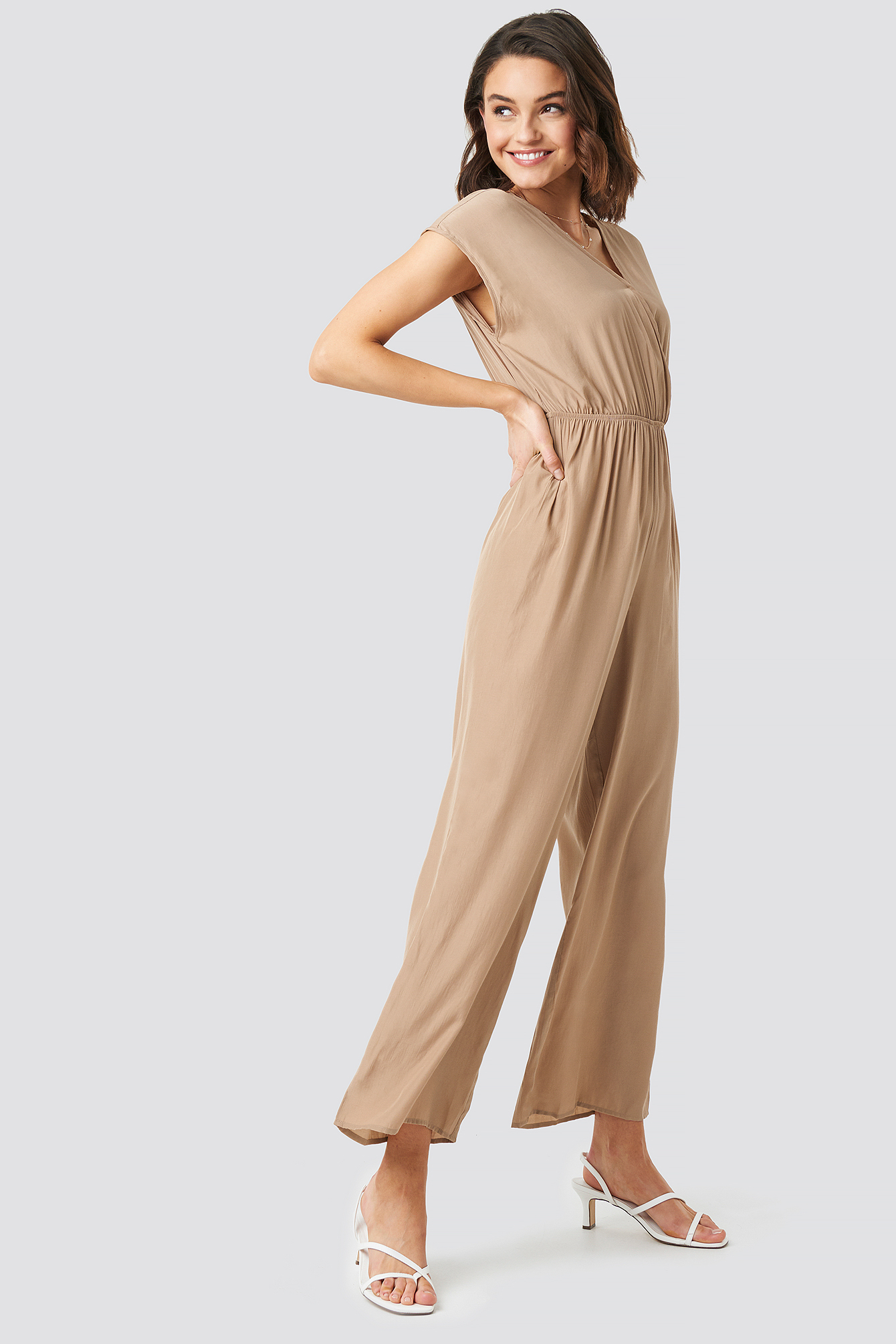 Overlap Solid Jumpsuit Beige