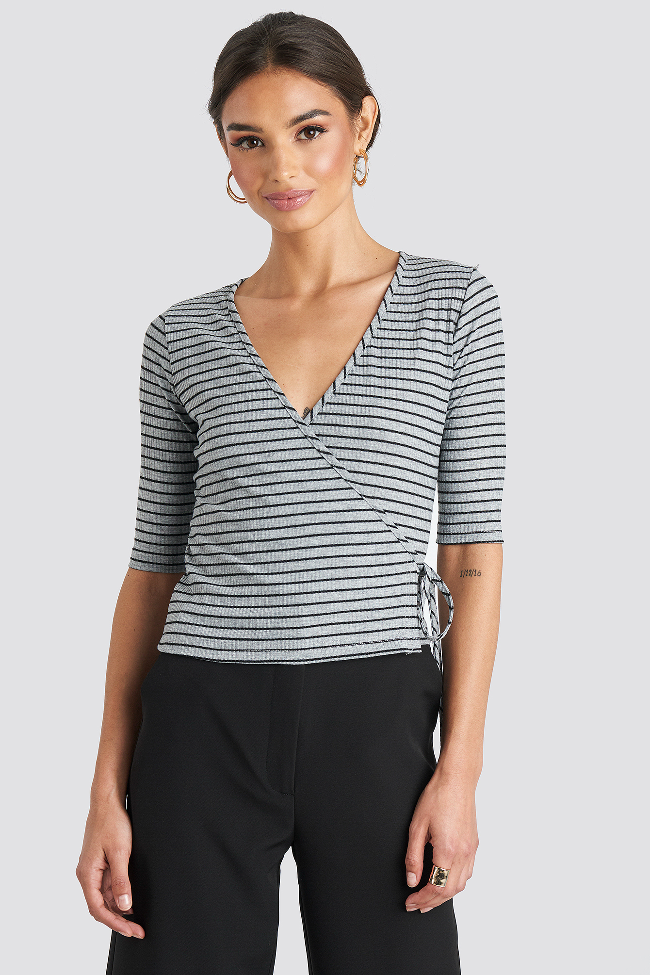 Overlap Striped Top Grey