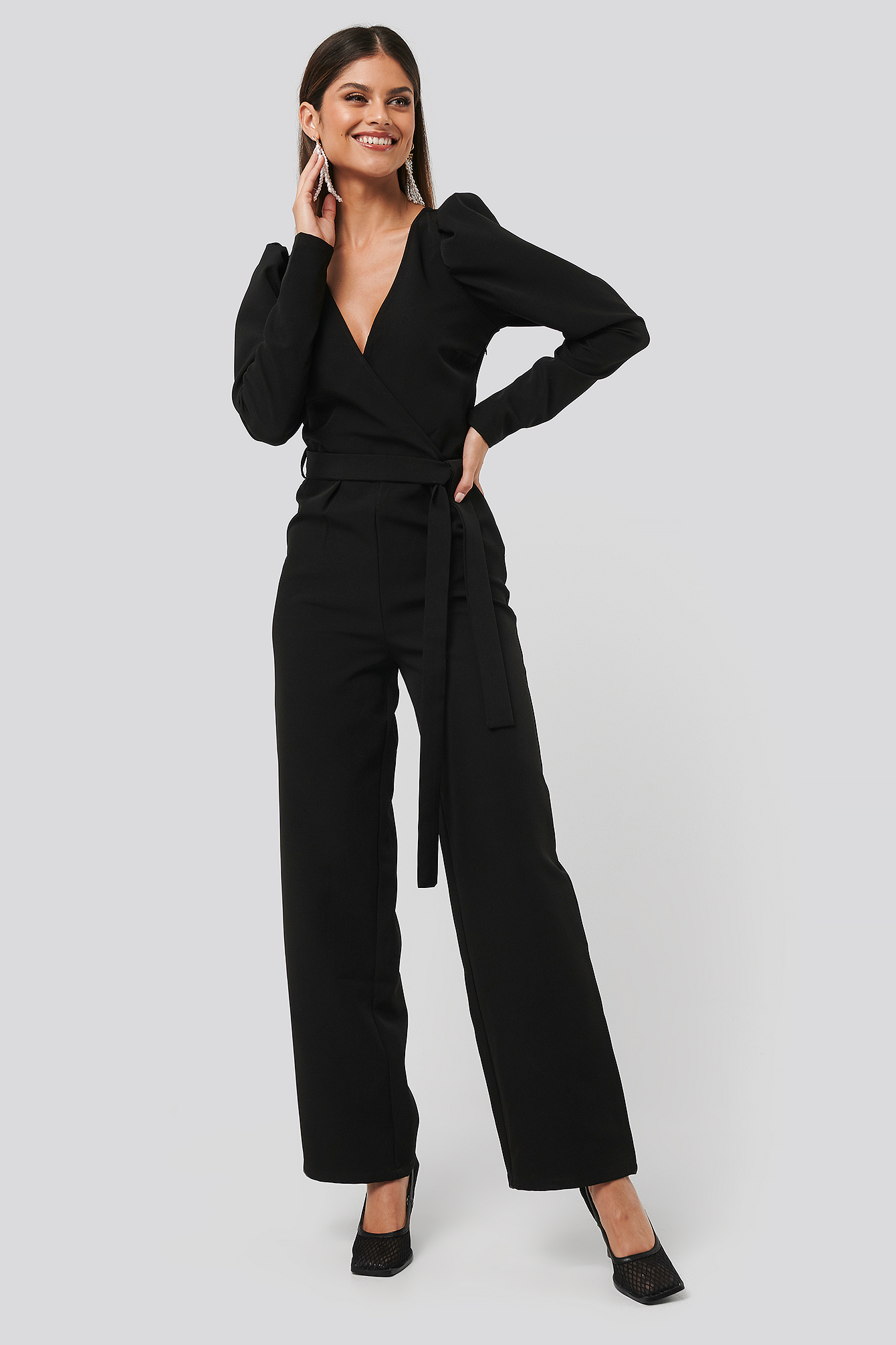 Overlap Tie Jumpsuit Black