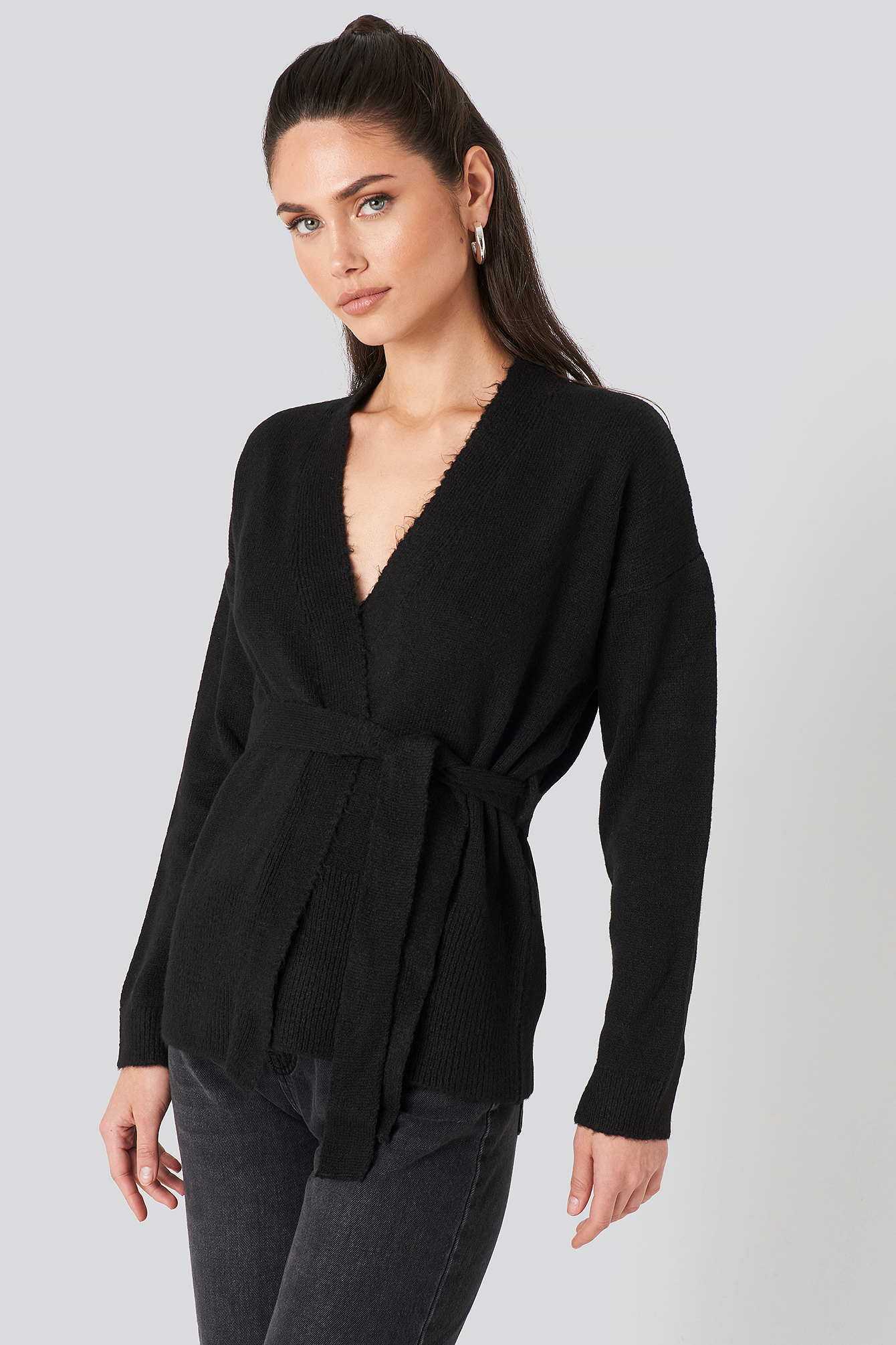 Overlap Tied Waist Cardigan Black