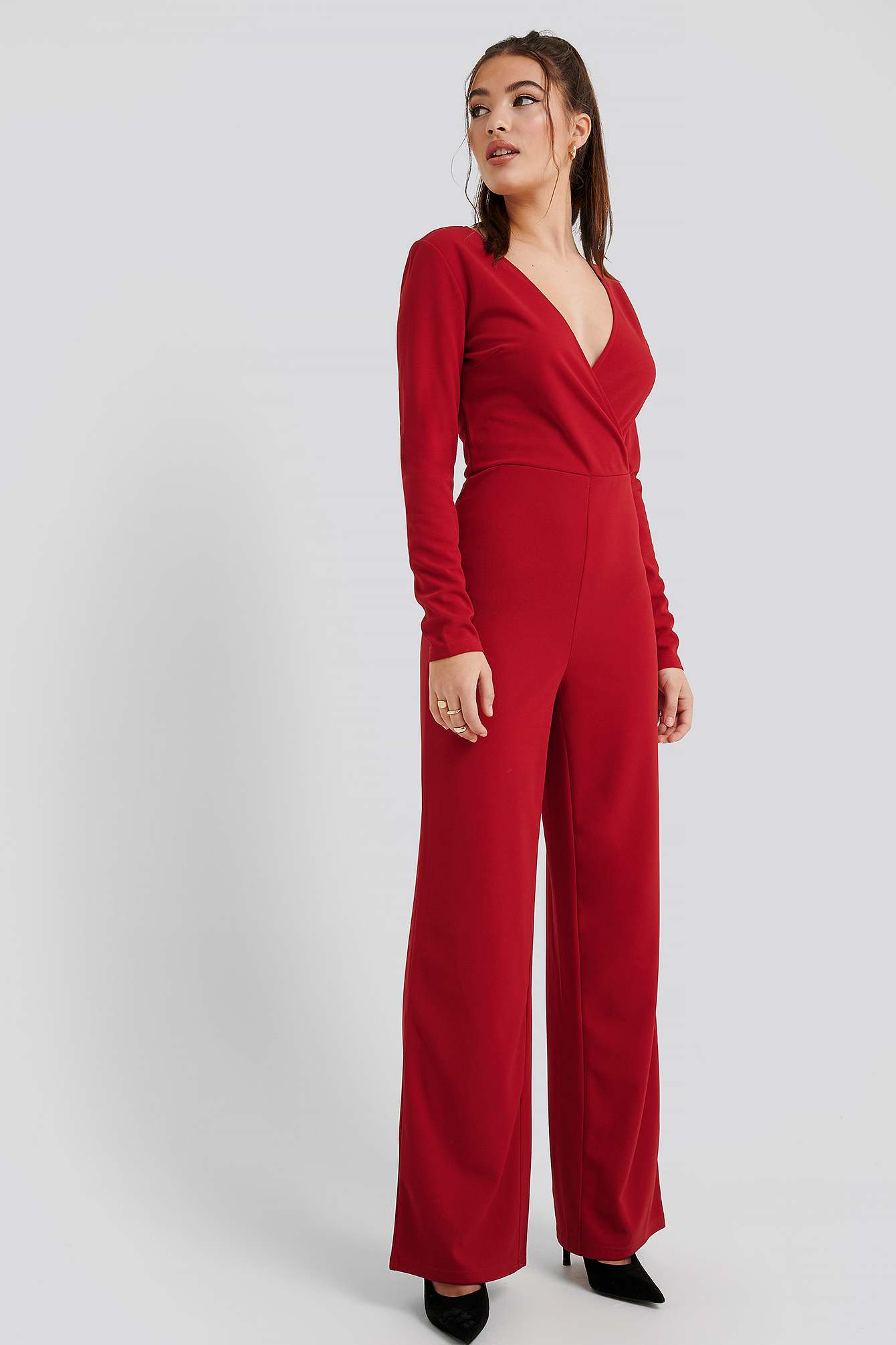 Overlap Wide Leg Jumpsuit Red