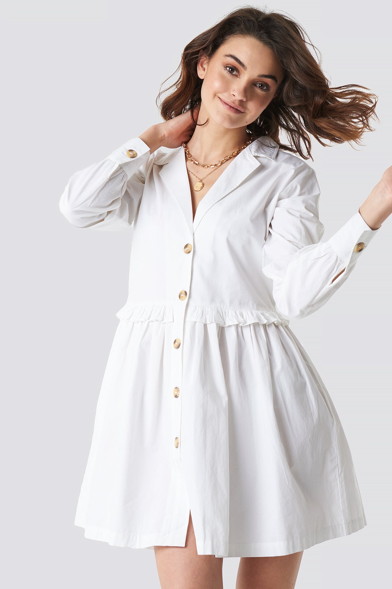 White NA-KD Boho Oversize Ruffle Detail Shirt Dress