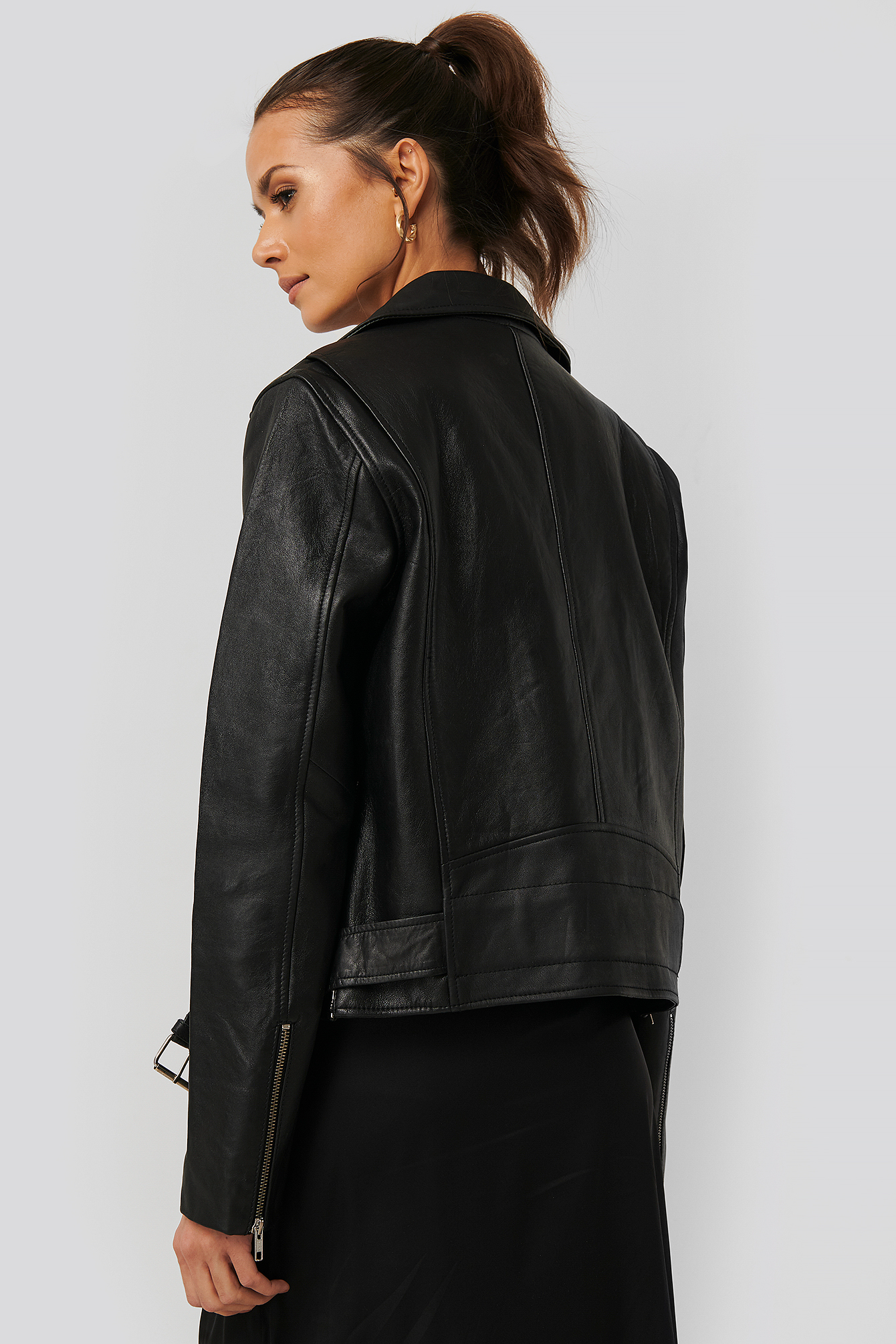Oversized Belted Leather Jacket Black