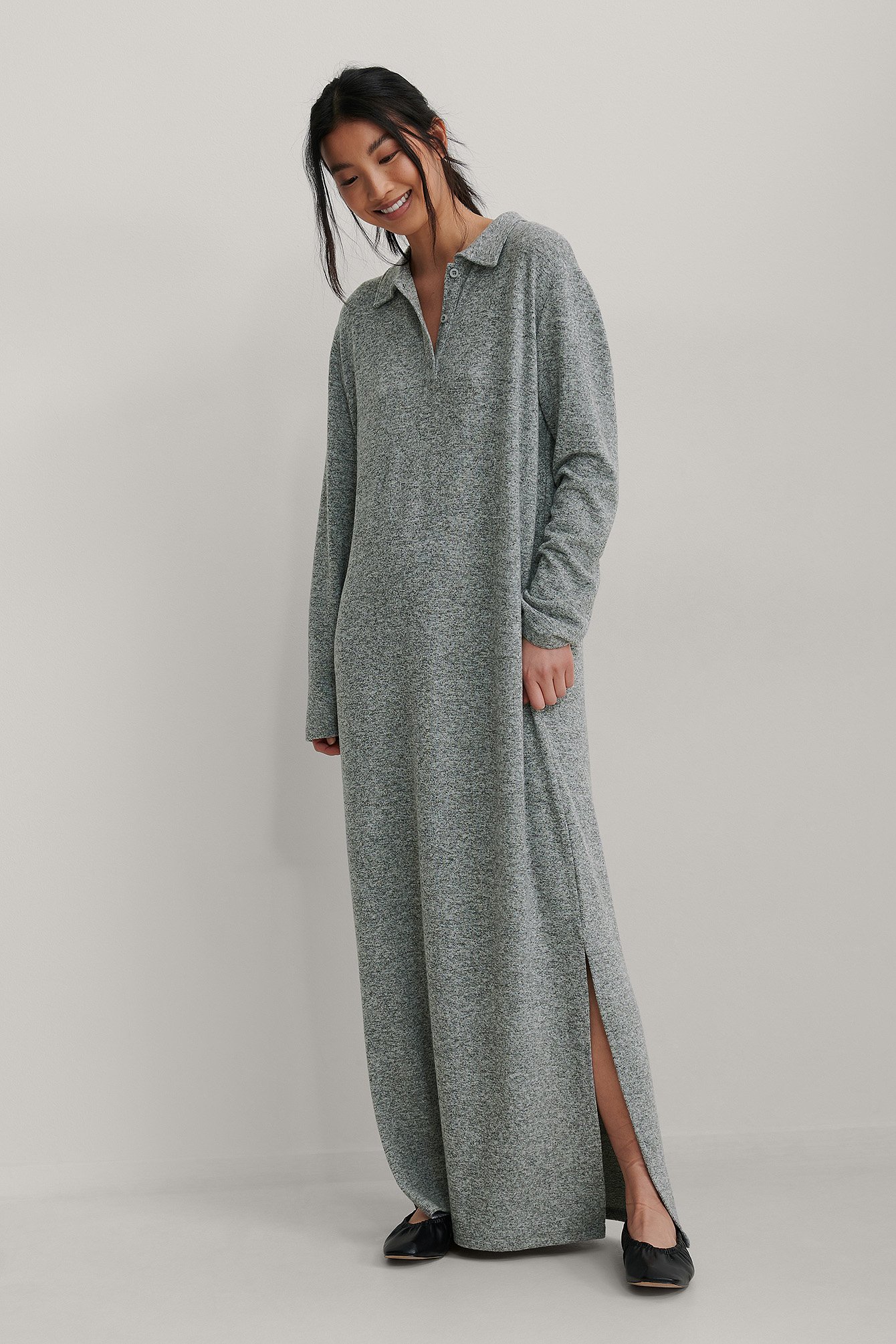 Grey Melange NA-KD Trend Recycled Oversize Button Detail Dress